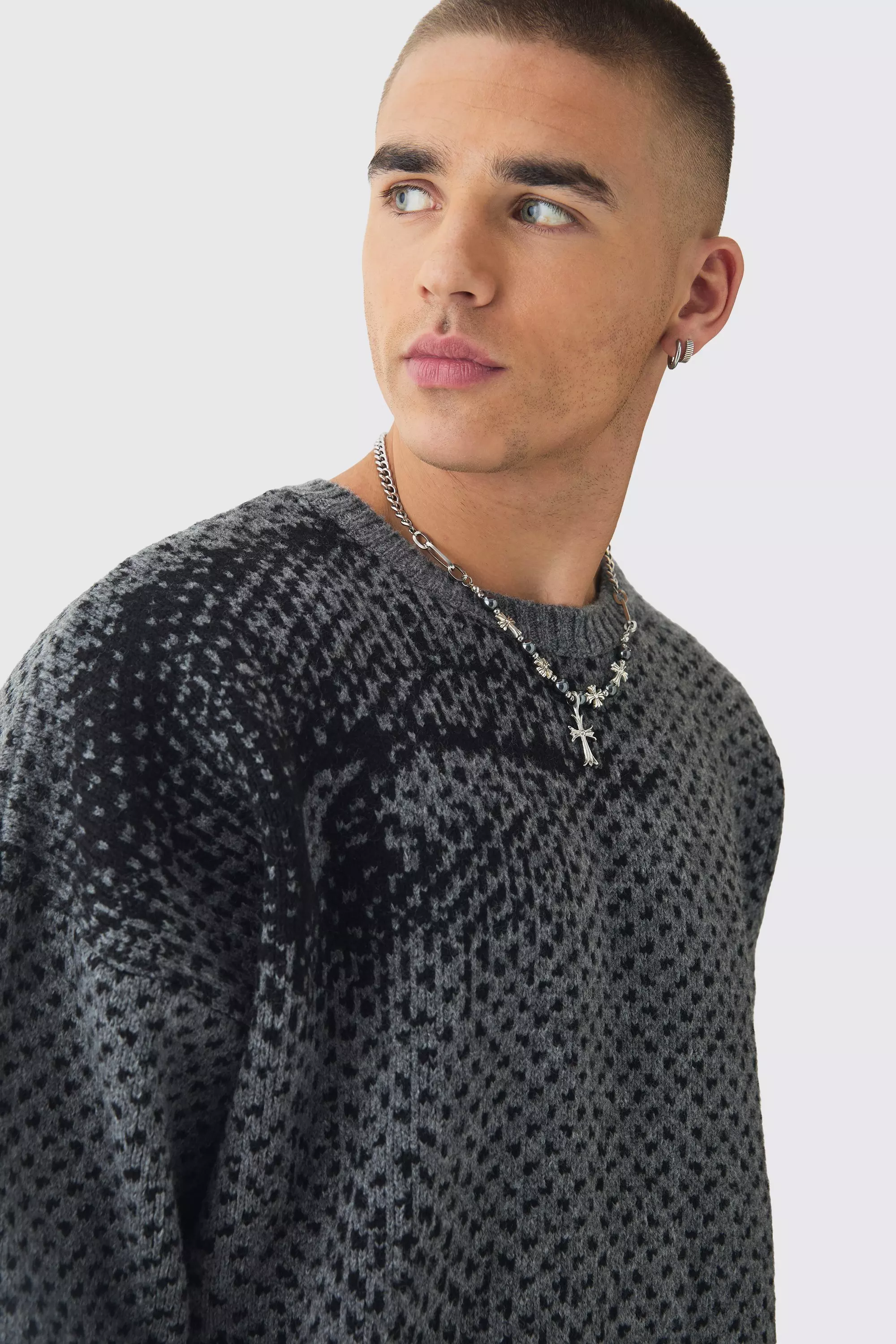 Oversized Boxy Brushed Face All Over Jacquard Jumper | boohooMAN UK