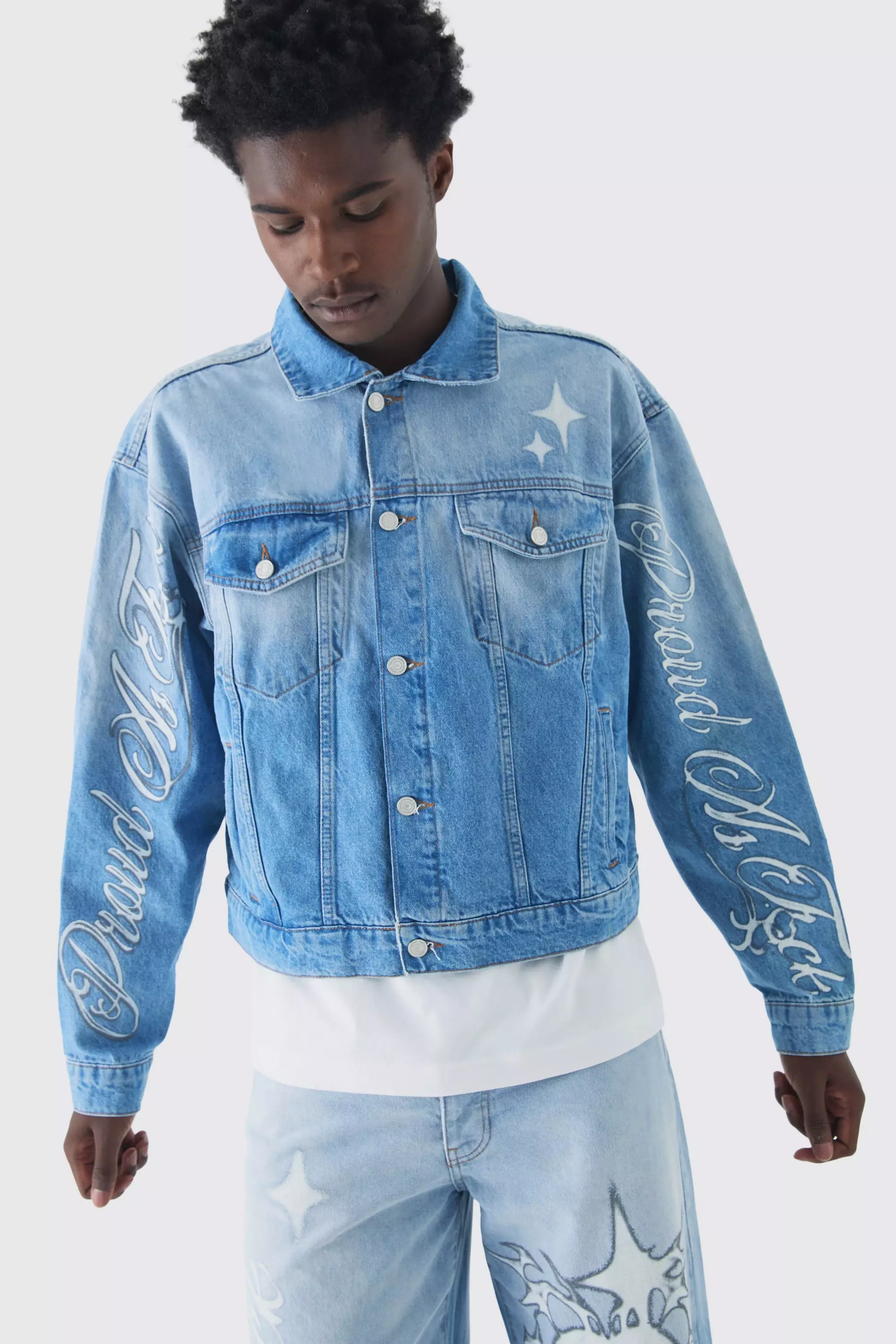 Oversized Boxy Pride Printed Jean Jacket Light blue