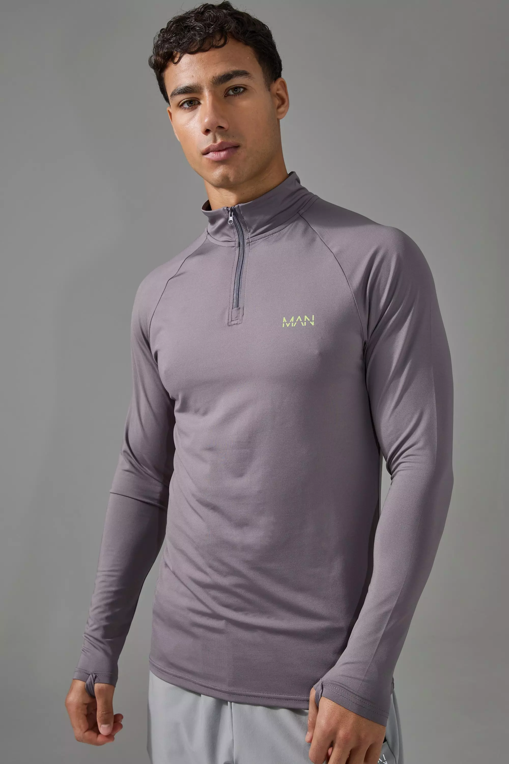 Man Active Muscle Fit 1/4 Zip Neon Logo Charcoal