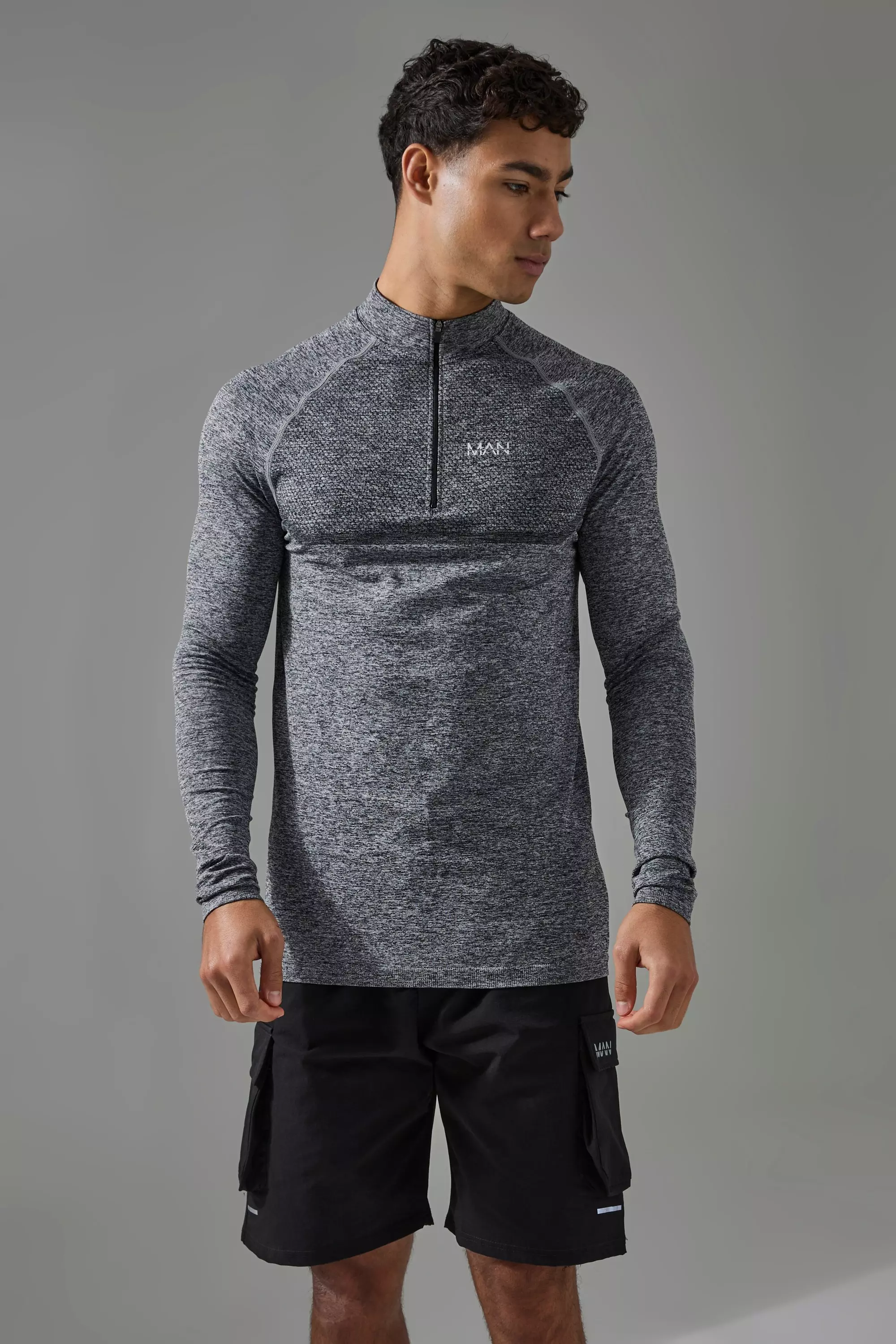 Man Active Muscle Fit Seamless Marl 1/4 Zip Charcoal