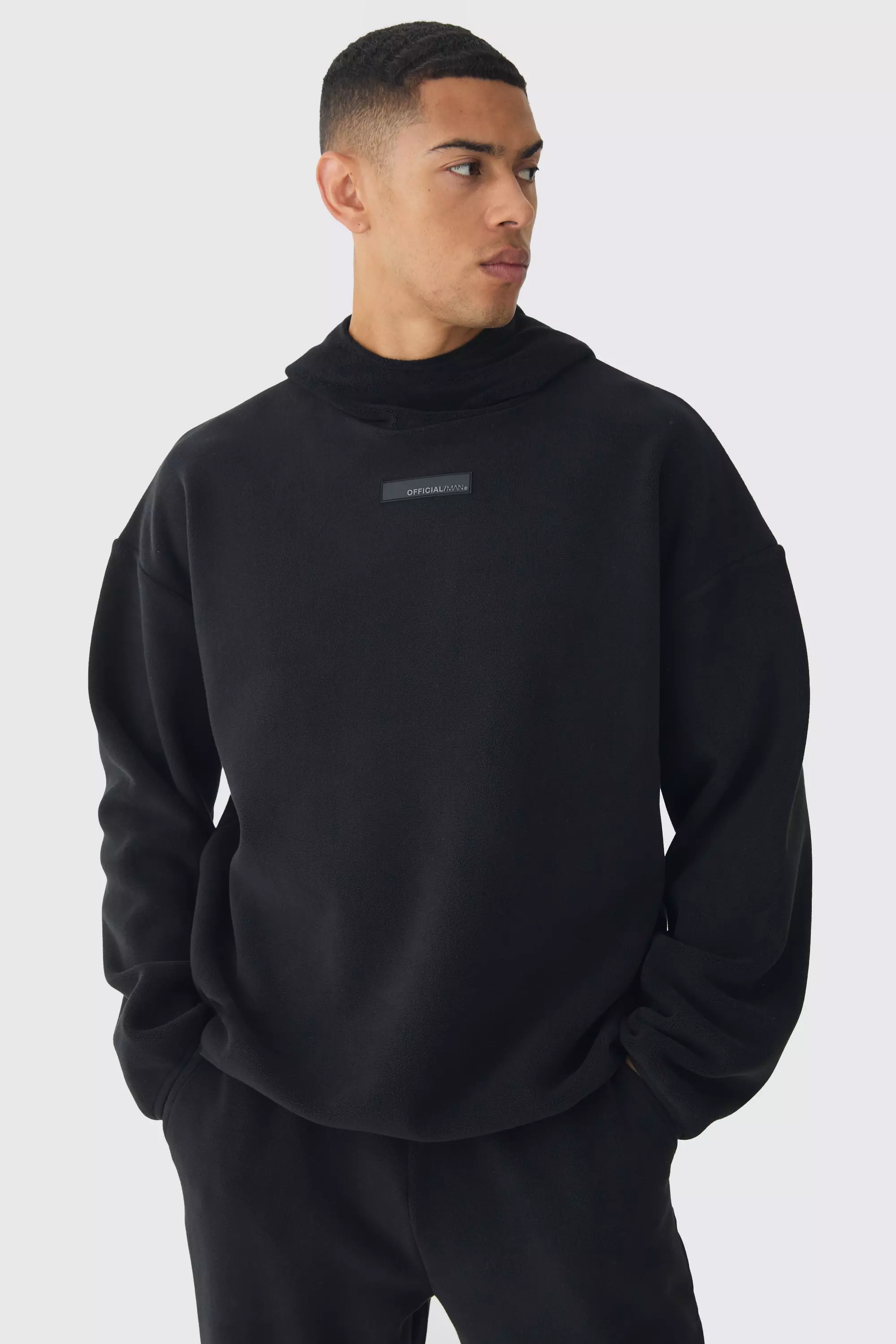 Oversized Polar fleece Funnel Neck Hoodie Black