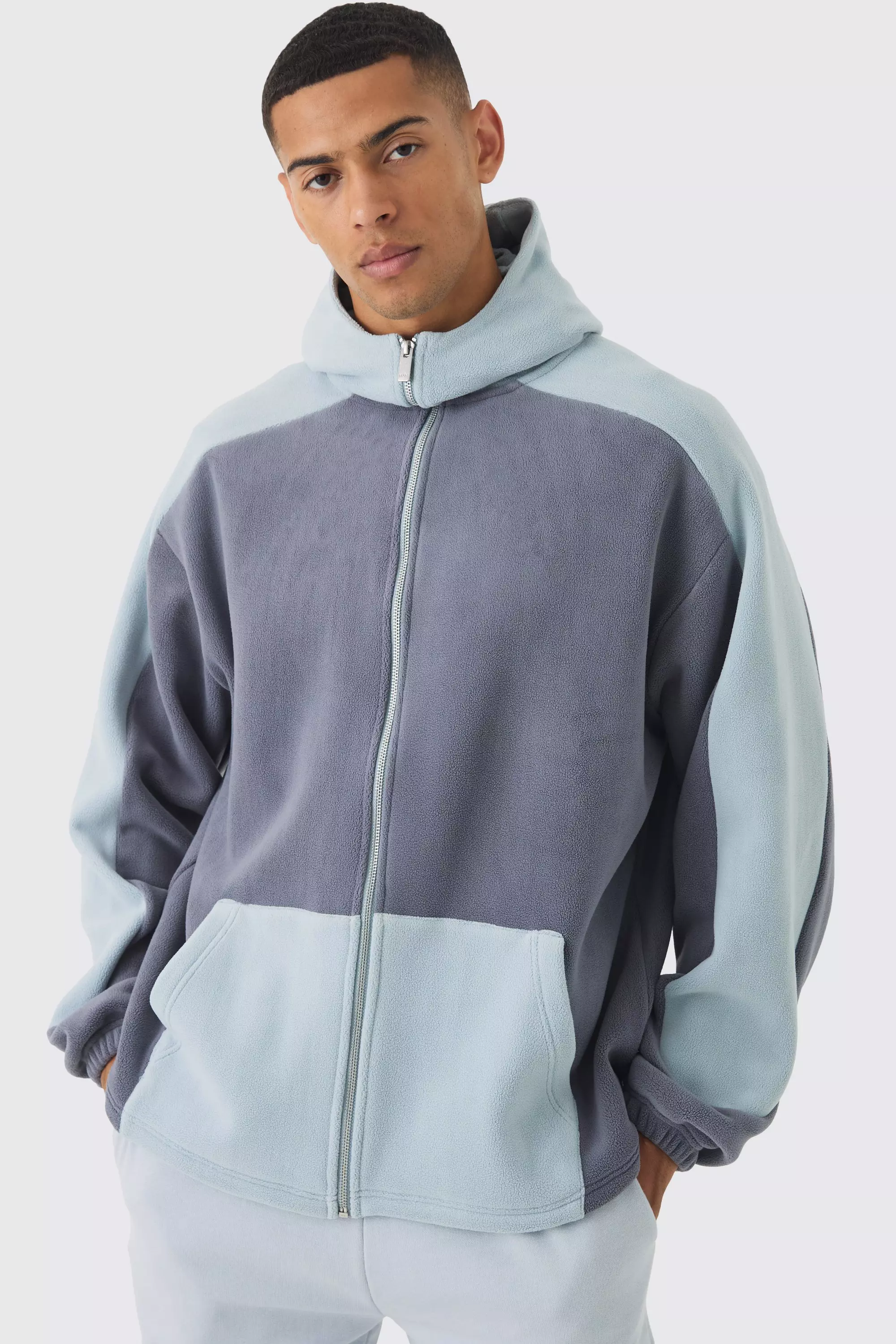 Oversized Polar Fleece Balaclava Zip Though Hoodie Light blue