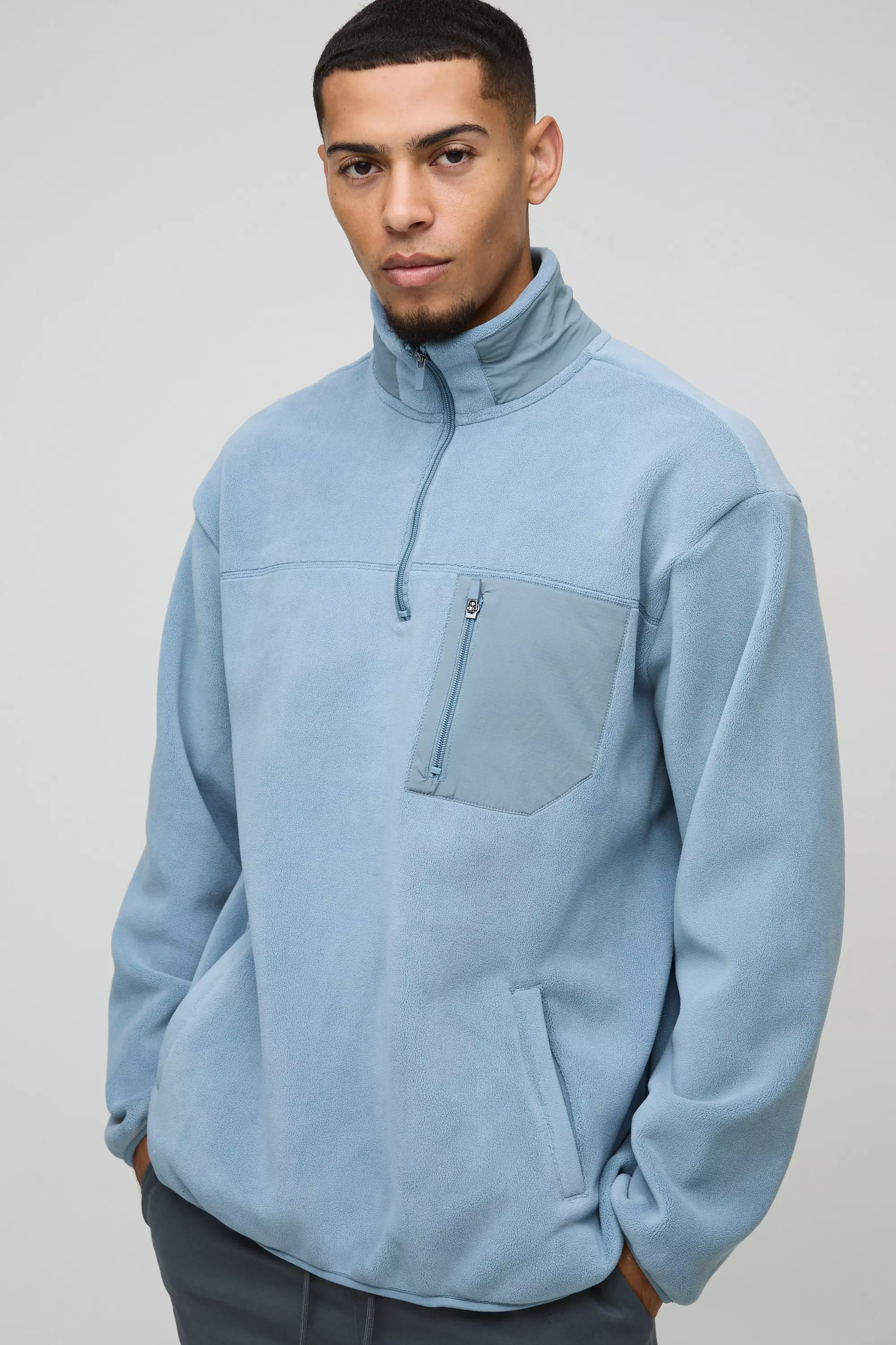 Oversized Polar Fleece & Nylon Funnel Neck Slate