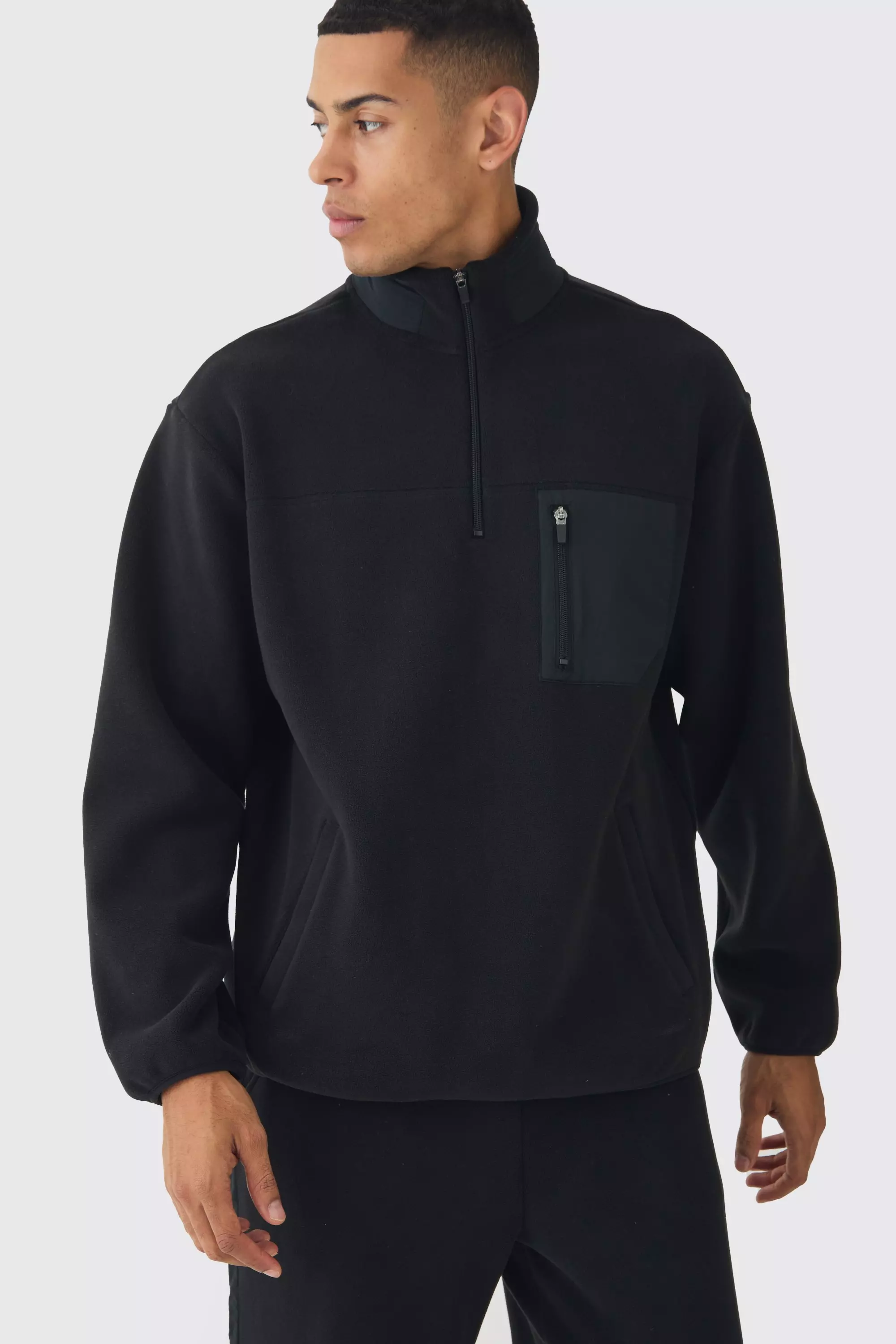 Oversized Polar Fleece & Nylon Funnel Neck Black