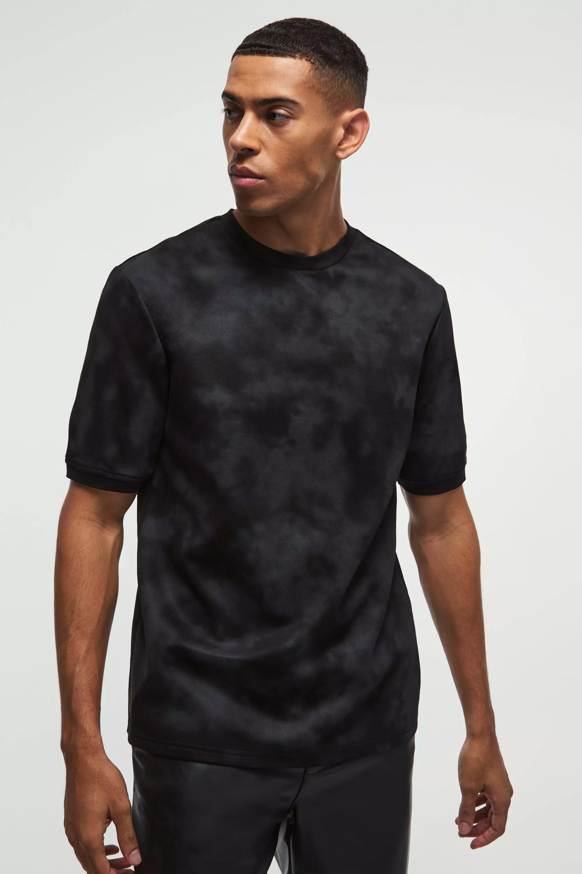 Black Mid Sleeve Super Heavy Suede Textured T-Shirt