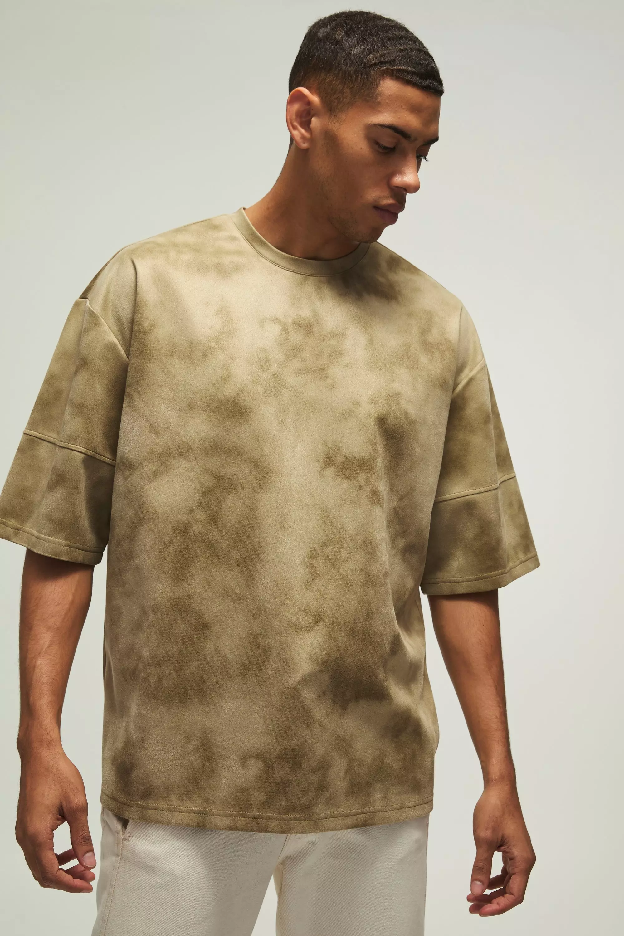 Taupe Beige Oversized Super Heavy Extended Sleeve Suede Textured T-Shirt