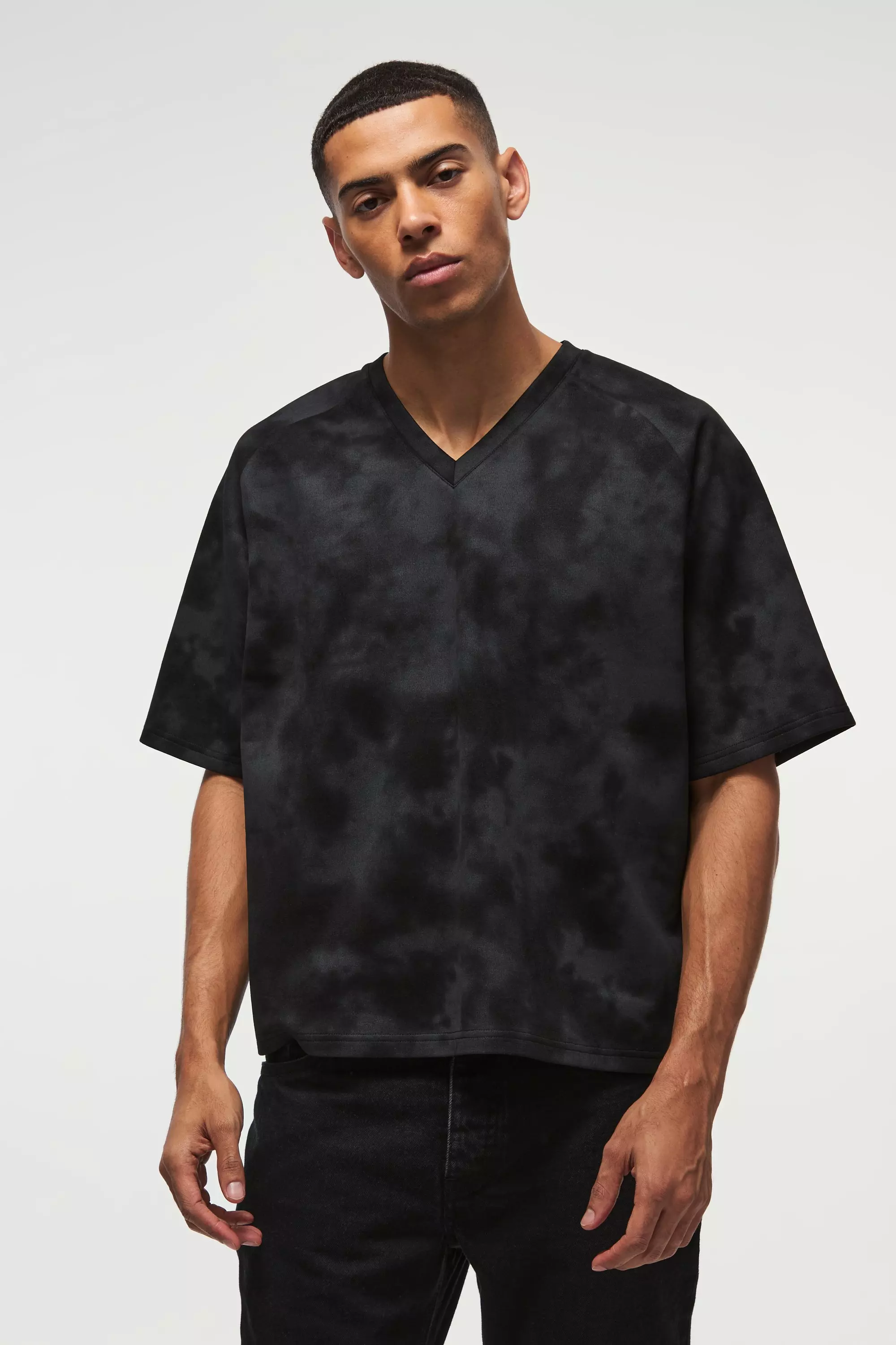 Black Oversized Super Heavy Boxy Suede Textured V Neck T-Shirt