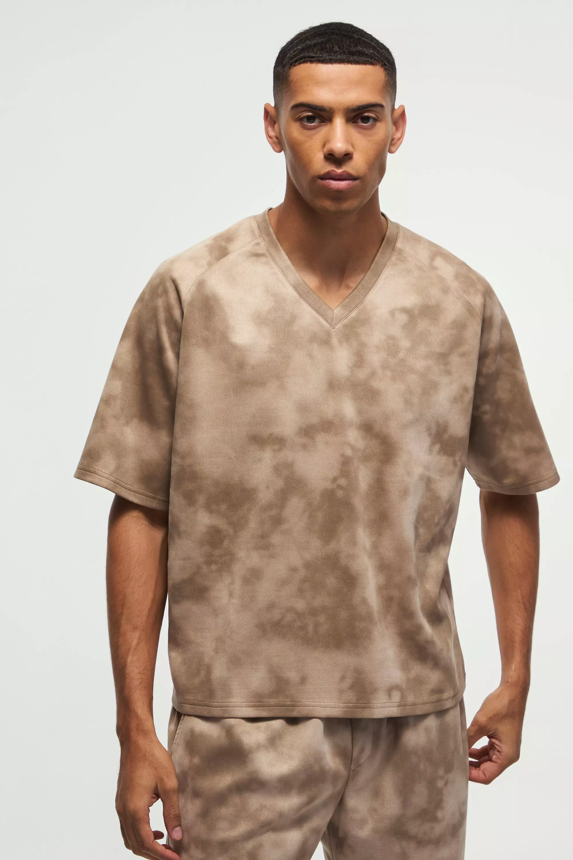 Oversized Super Heavy Boxy Faux Suede Textured V Neck T-Shirt Chocolate