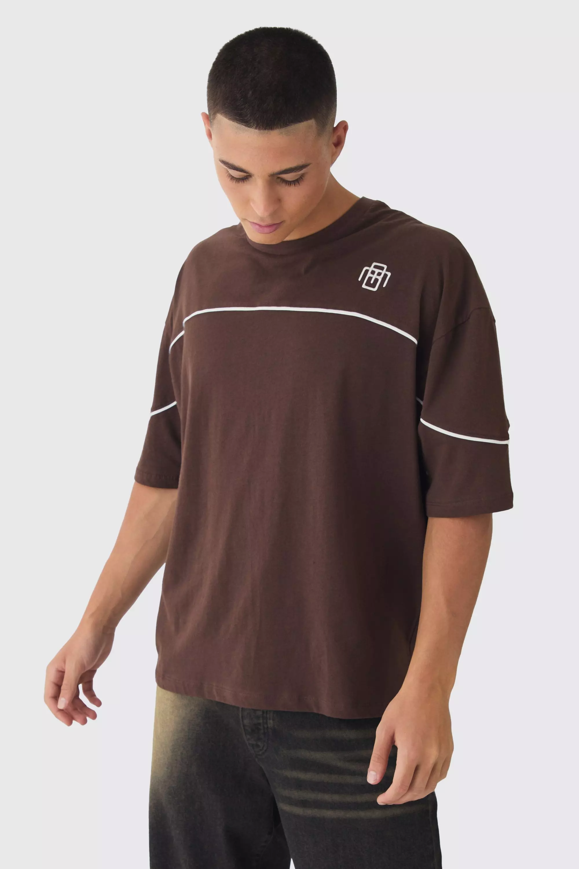 Chocolate Brown Oversized Boxy Embroidered Piping T-Shirt