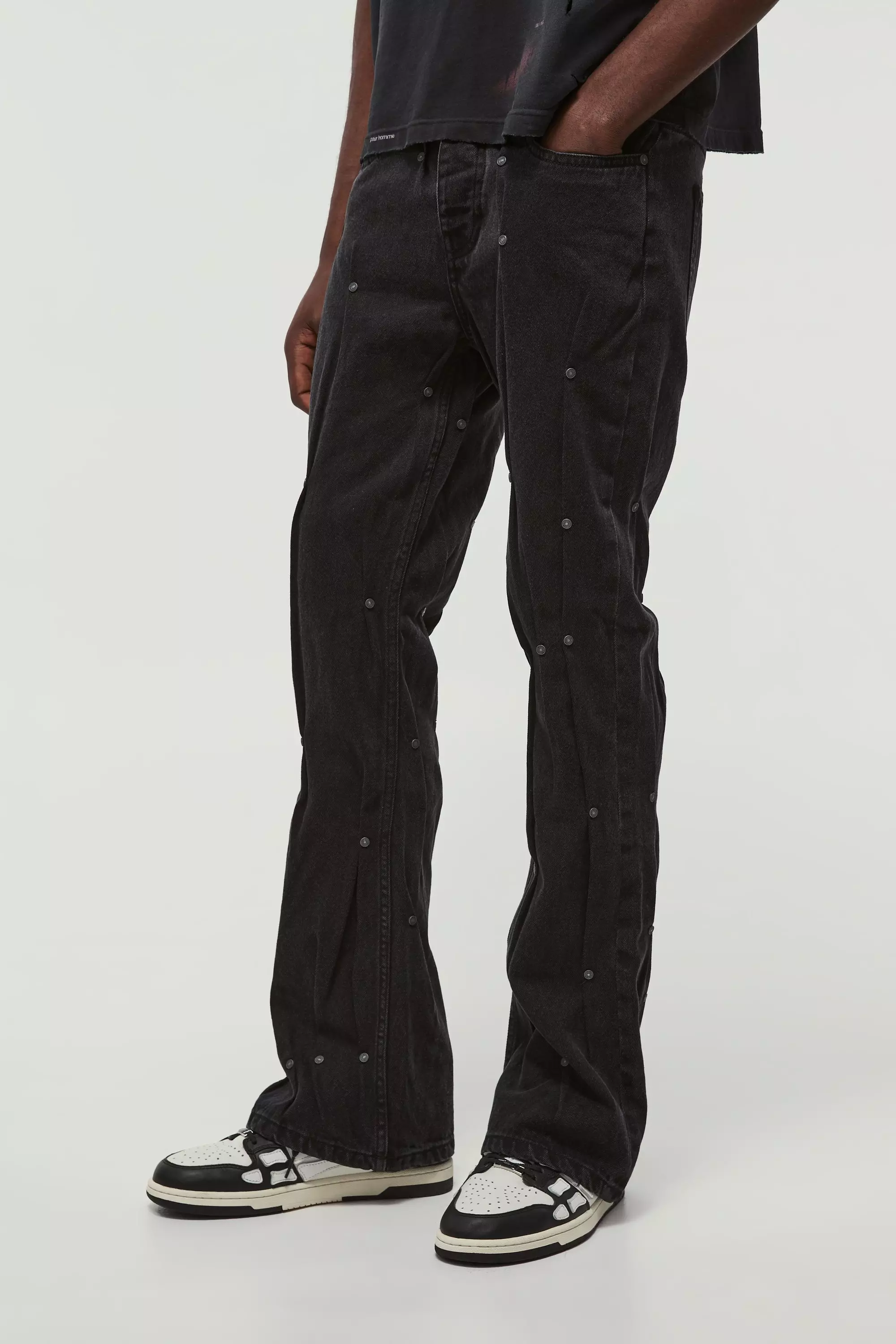 Black Relaxed Rigid Flare Dart Stud Detail Jeans