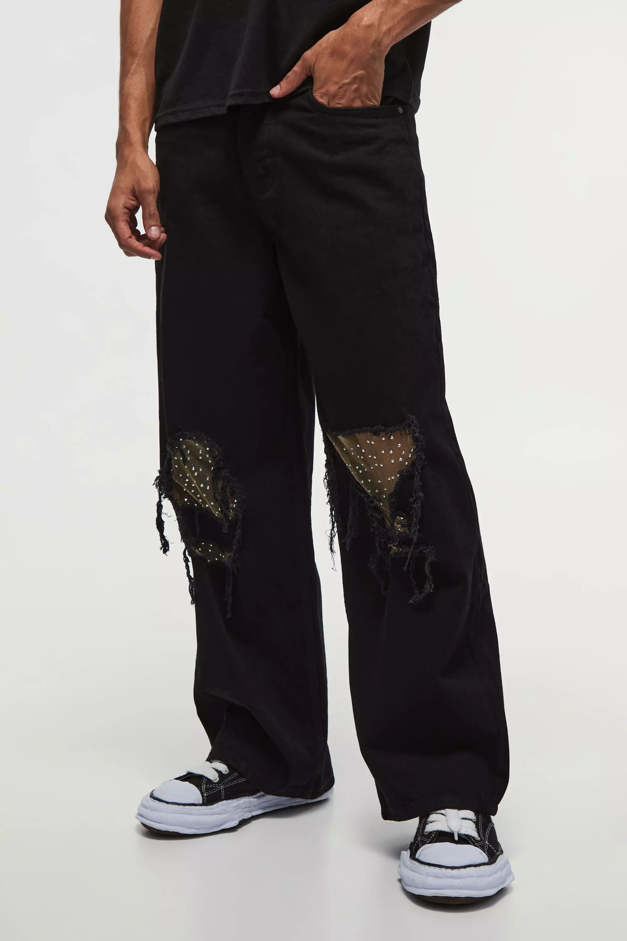 Black Baggy Fit Rigid Ripped Embellished Jeans alternative image