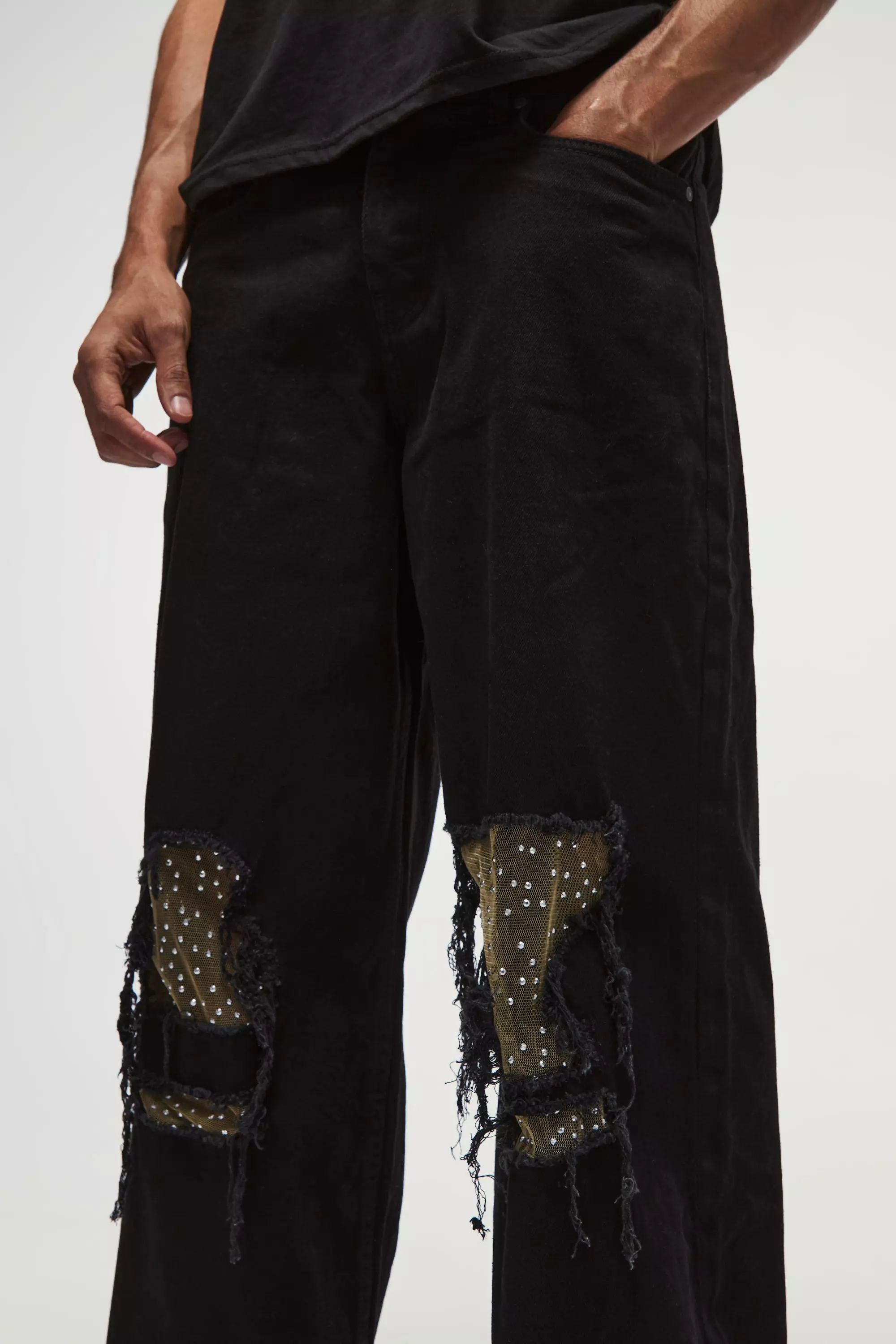 Black Baggy Fit Rigid Ripped Embellished Jeans alternative image