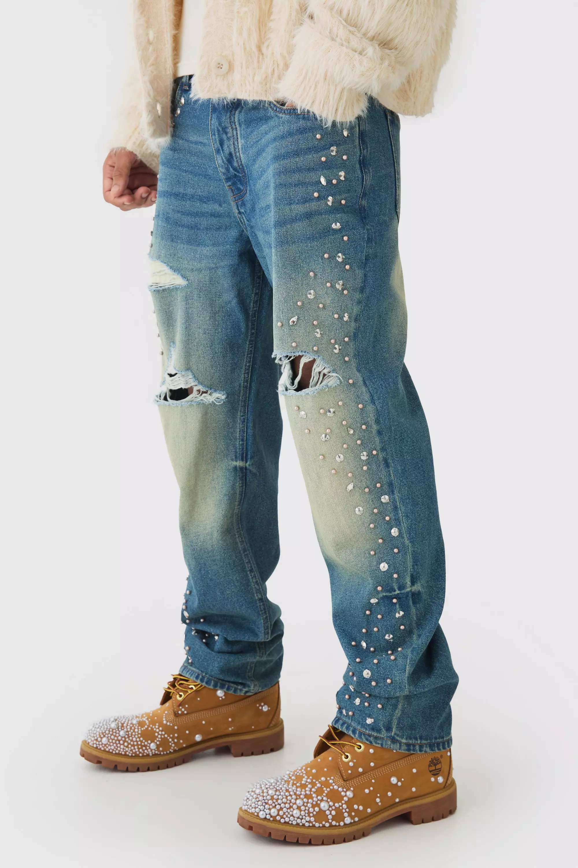 Relaxed Rigid Flared Embellished Ripped Jeans | boohooMAN USA