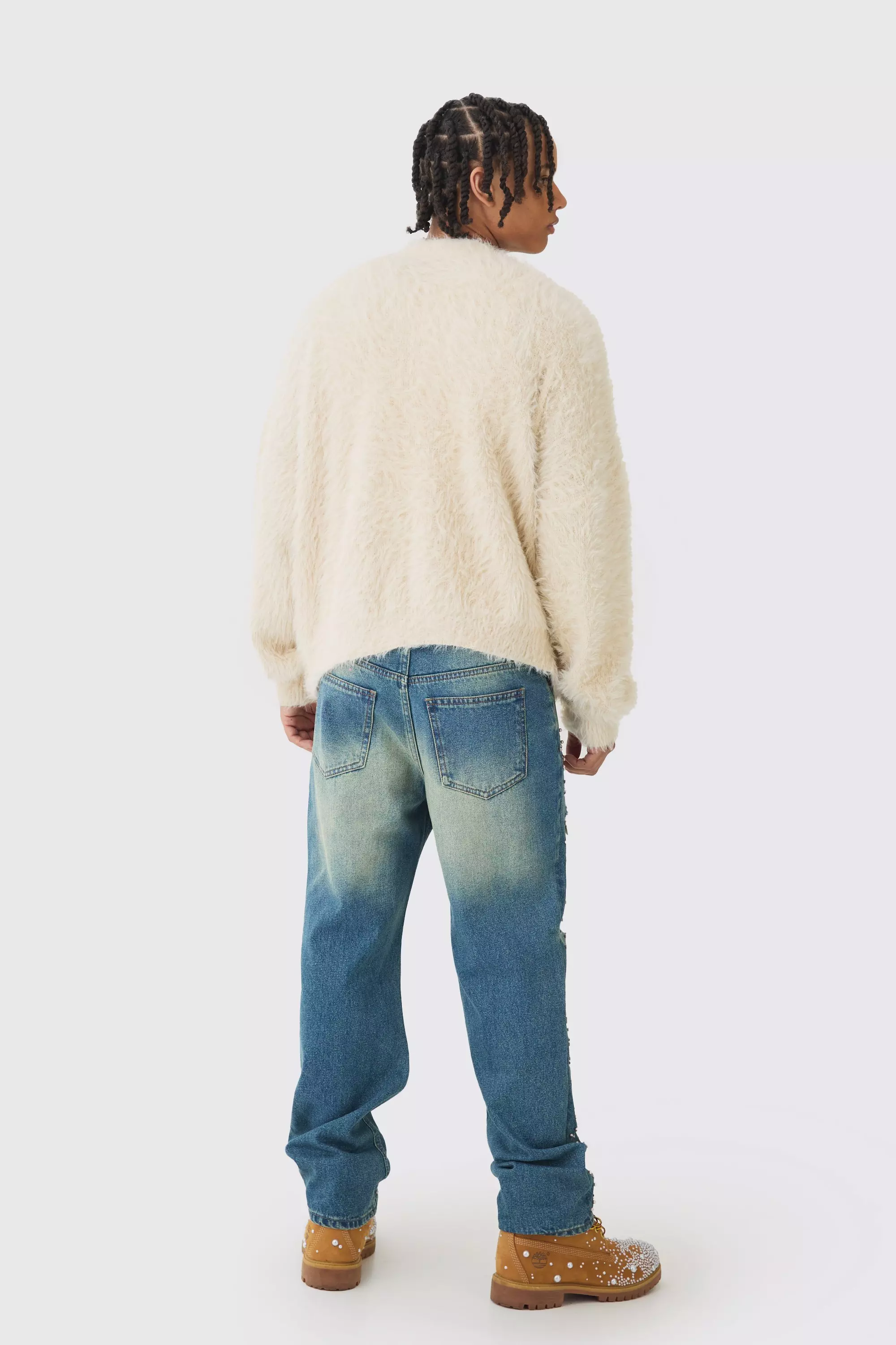 Relaxed Rigid Flared Embellished Ripped Jeans | boohooMAN USA