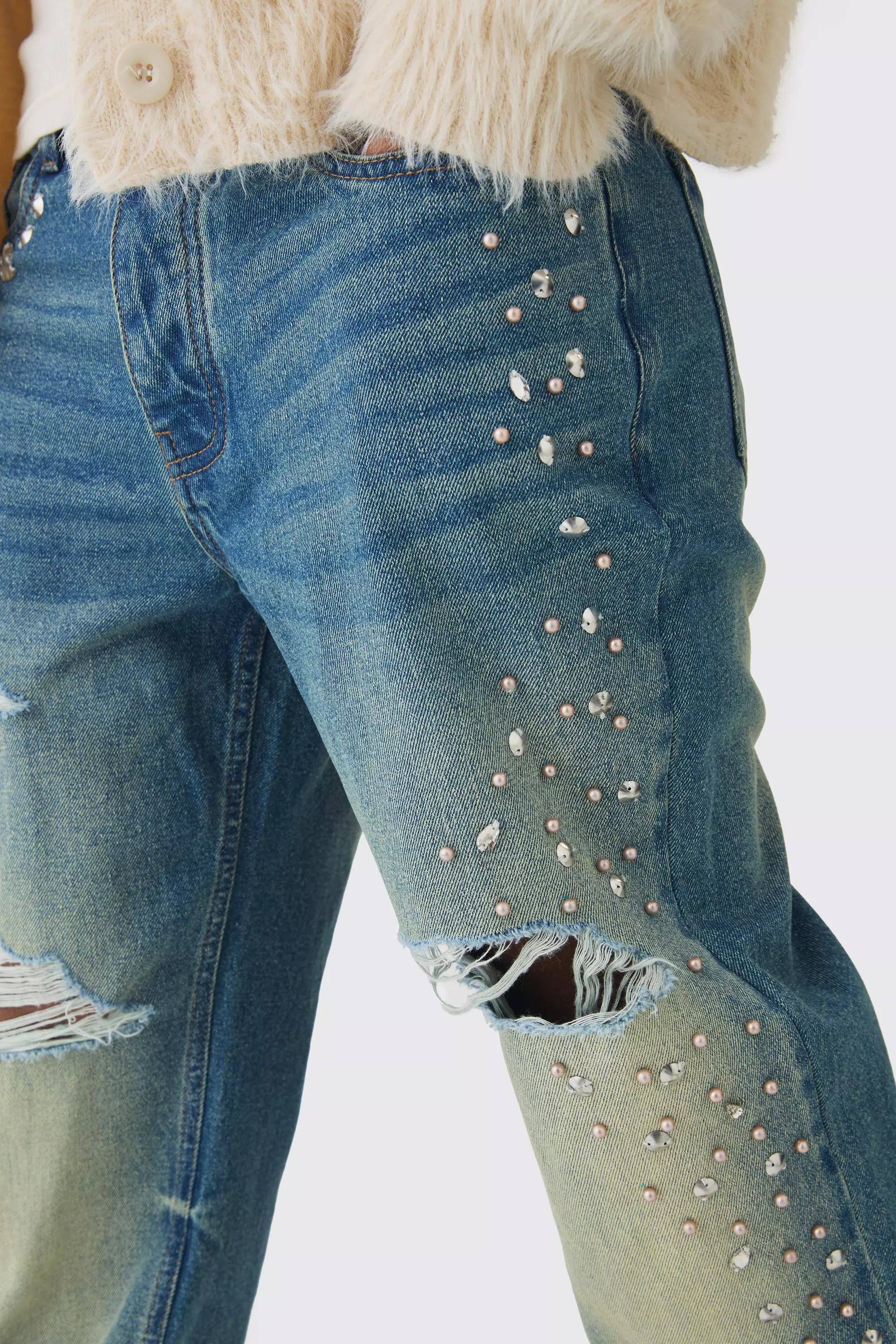 Relaxed Rigid Flared Embellished Ripped Jeans | boohooMAN USA