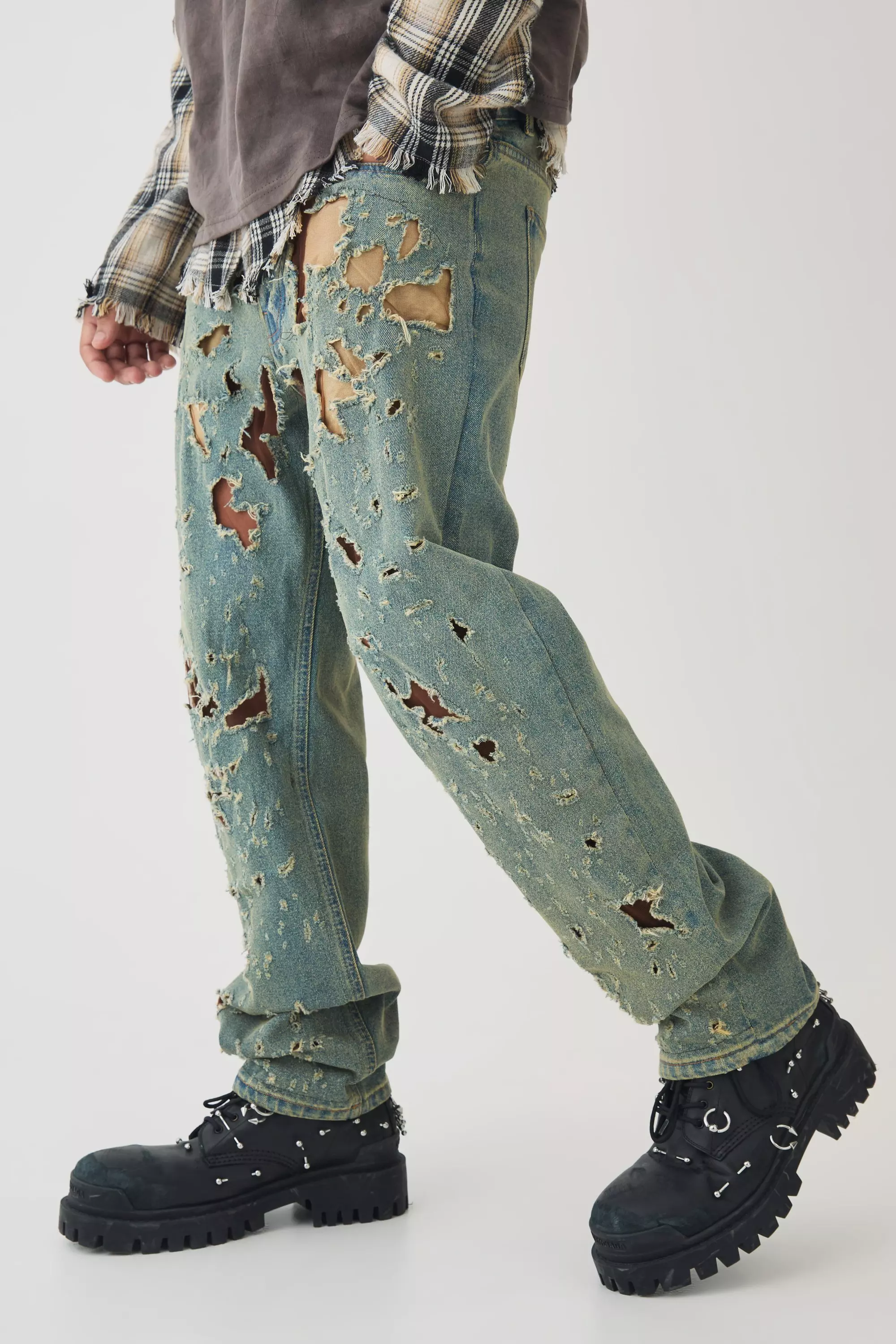 Relaxed Rigid Ripped Mesh Jeans Antique blue