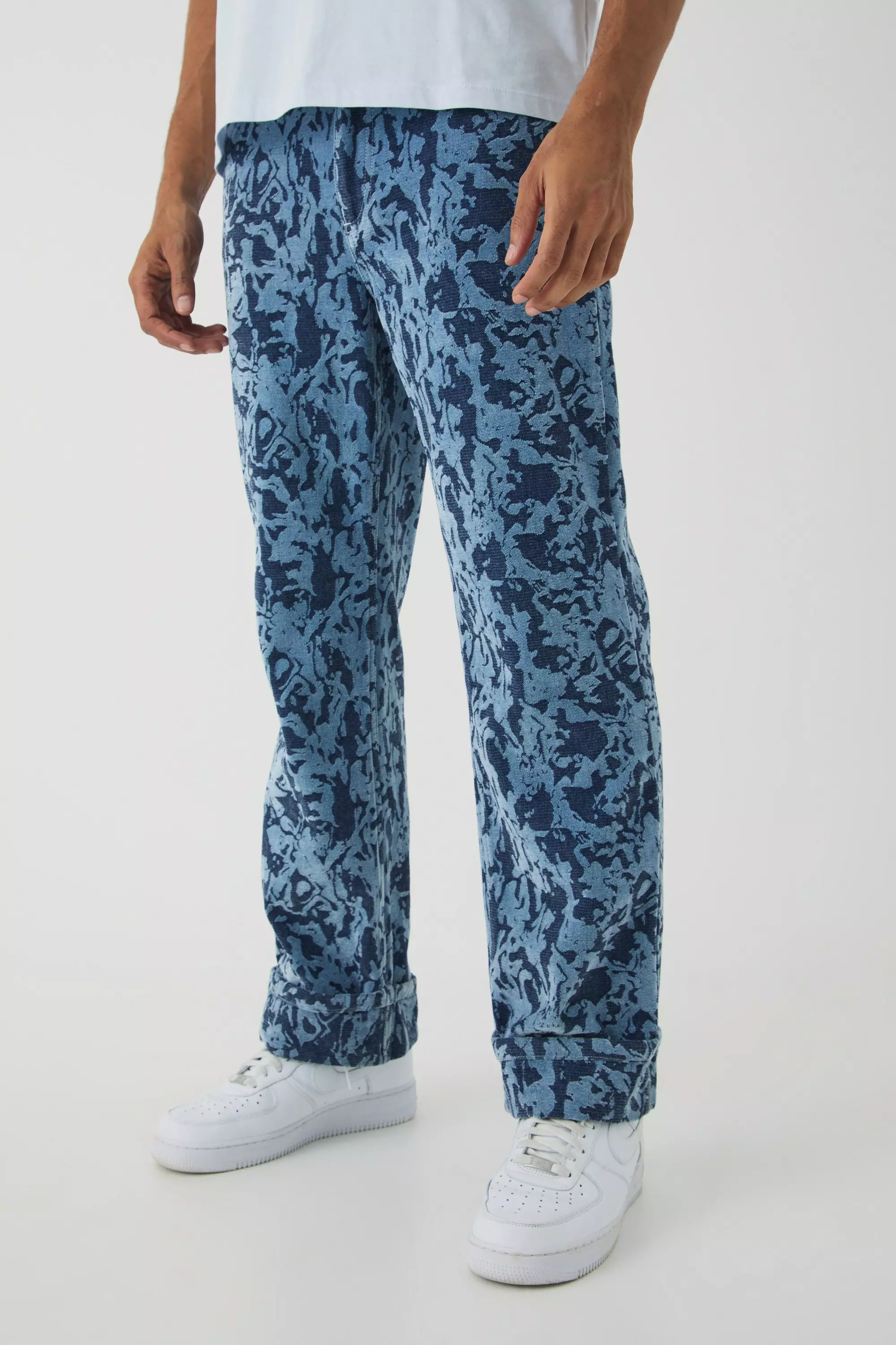 Blue Relaxed Fit Abstract Flock Turn Up Hem Jeans alternative image