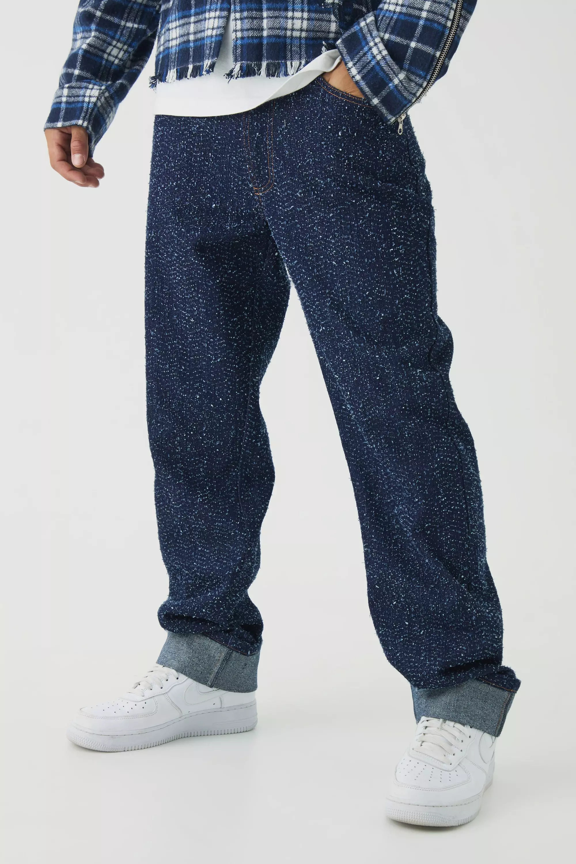 Relaxed Fit Textured Indigo Turn Up Hem Jeans Indigo