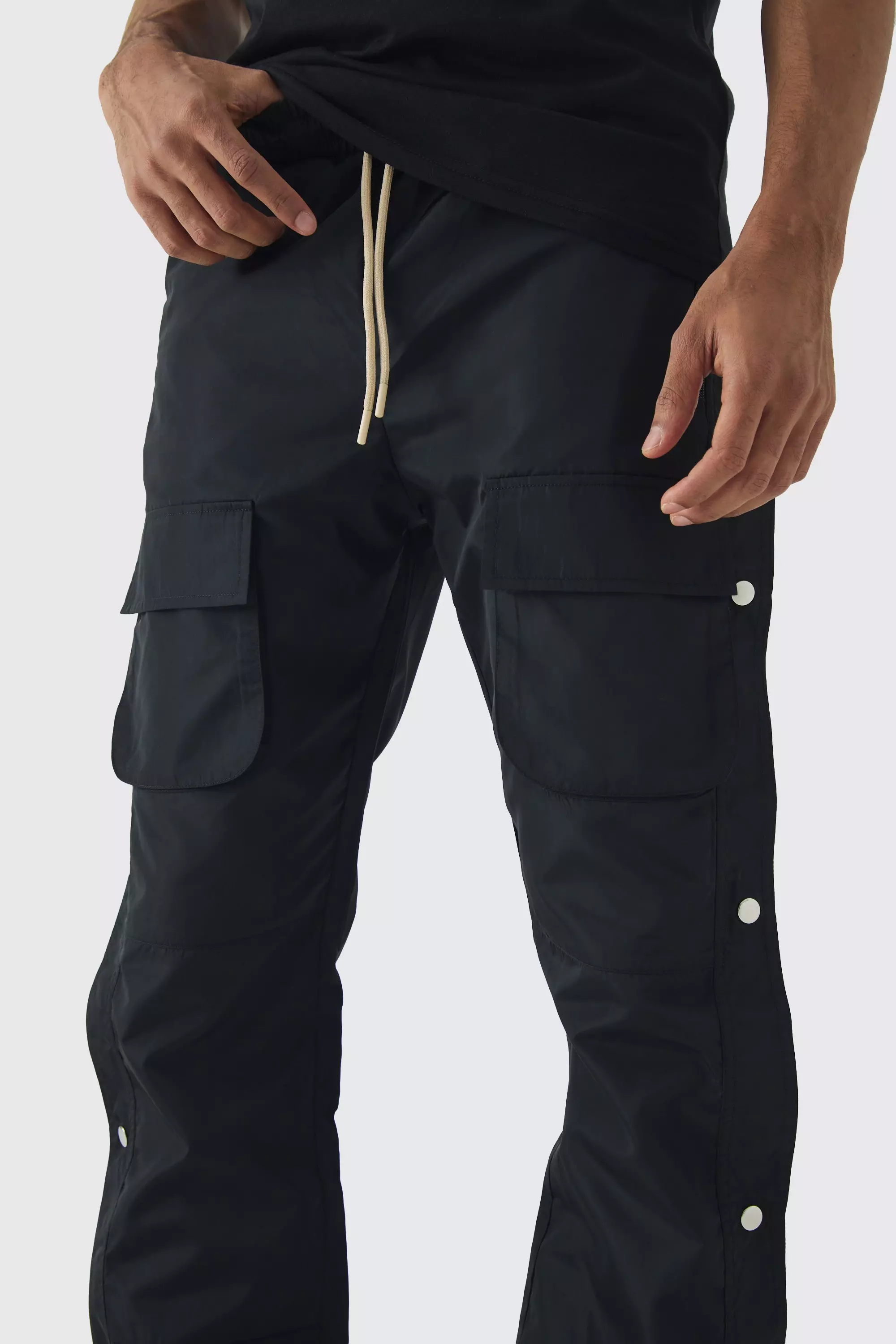 Elasticated Waist Slim Flare Stacked Cargo Trousers | boohooMAN USA