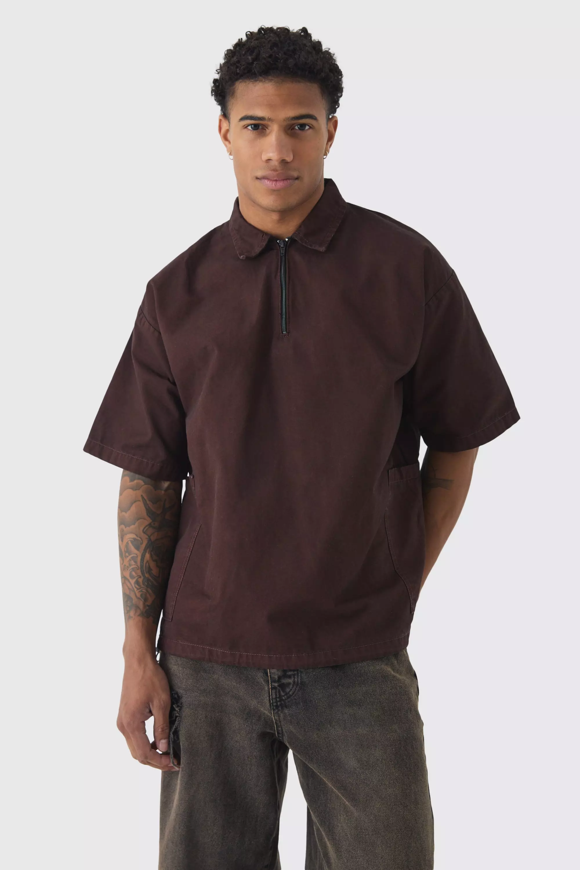 Oversized Boxy 1/4 Zip Concealed Peached Twill Shirt Chocolate