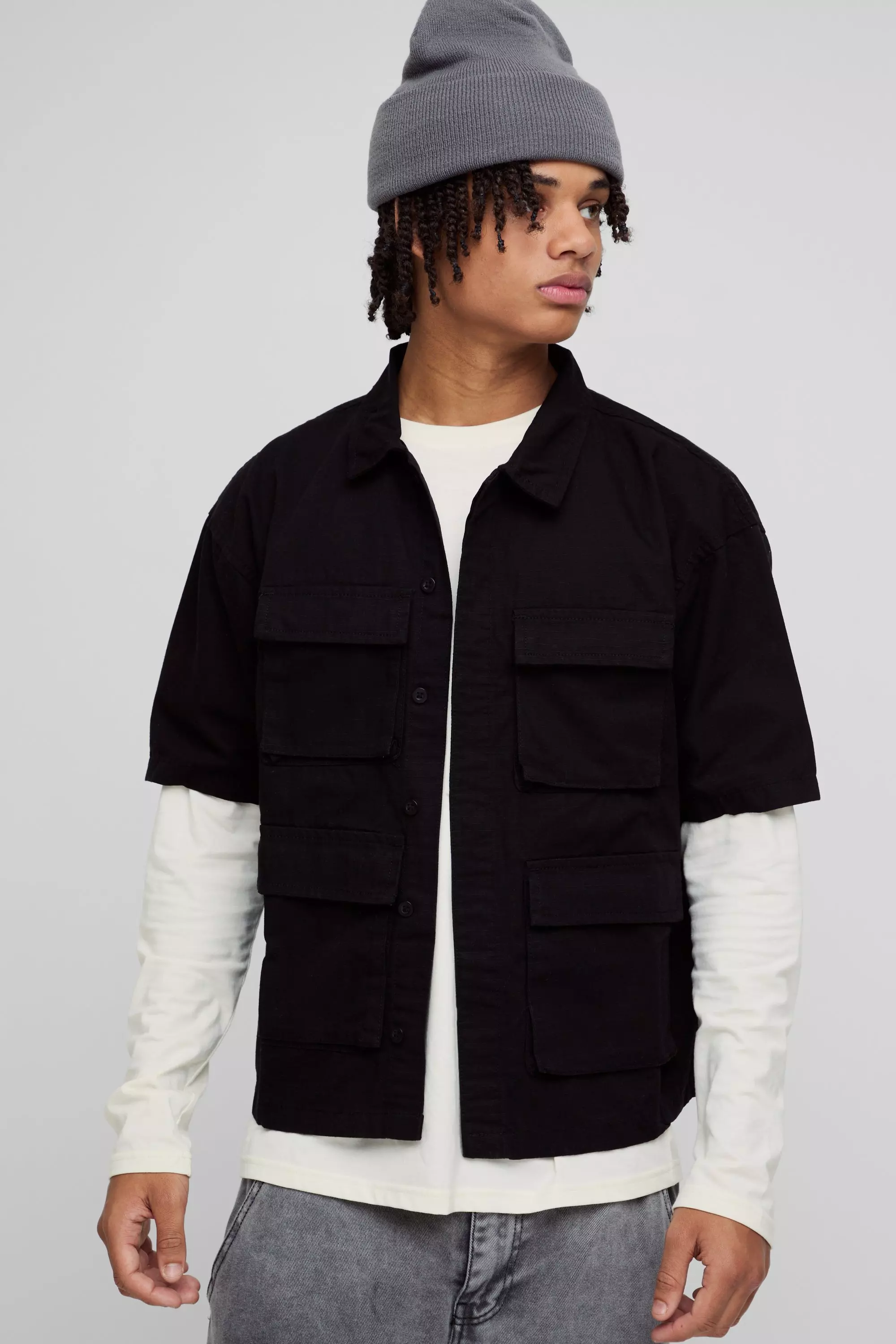 Black Oversized Ripstop Cargo Pocket Shirt