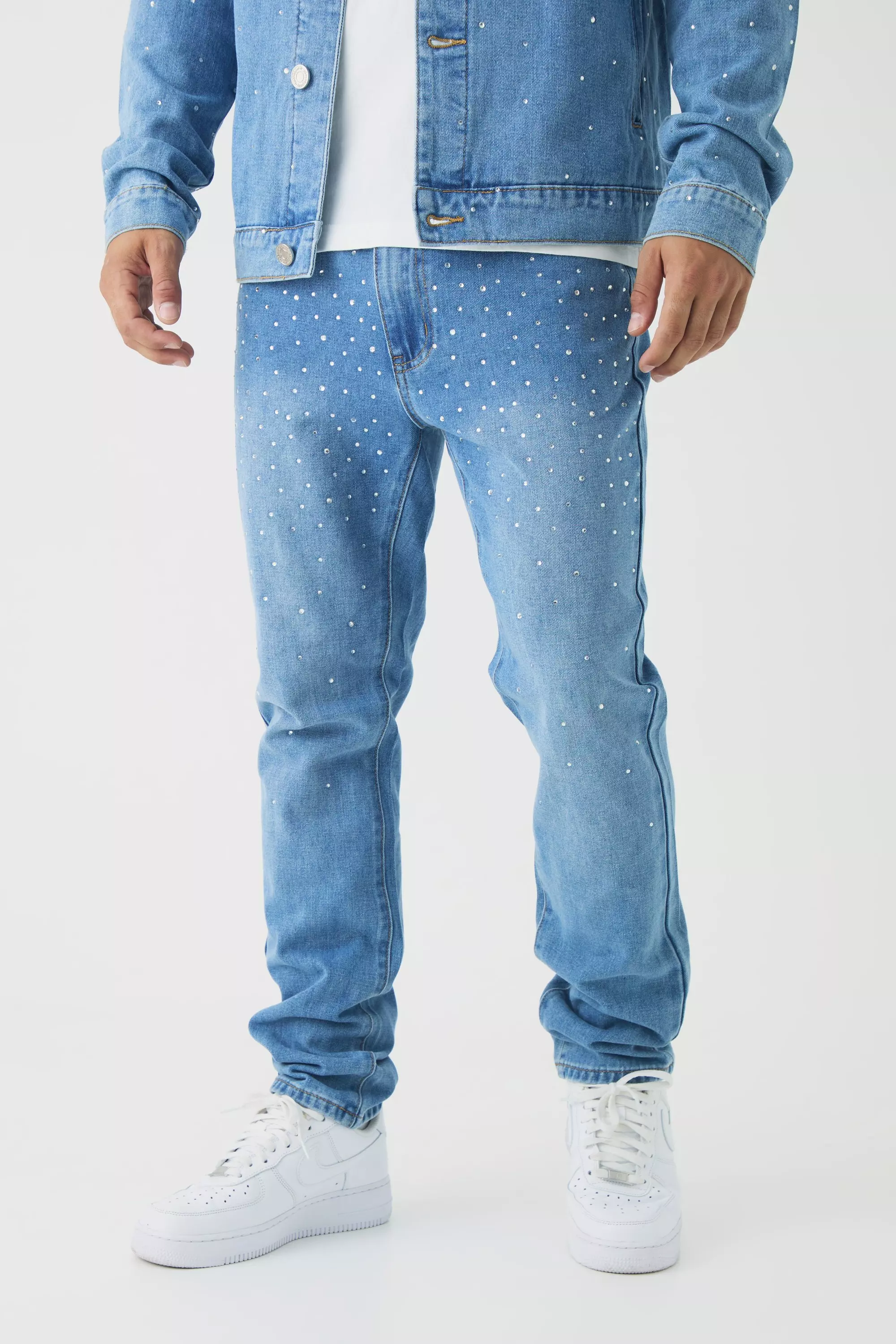 Tapered Rigid Rhinestone Jeans Light blue