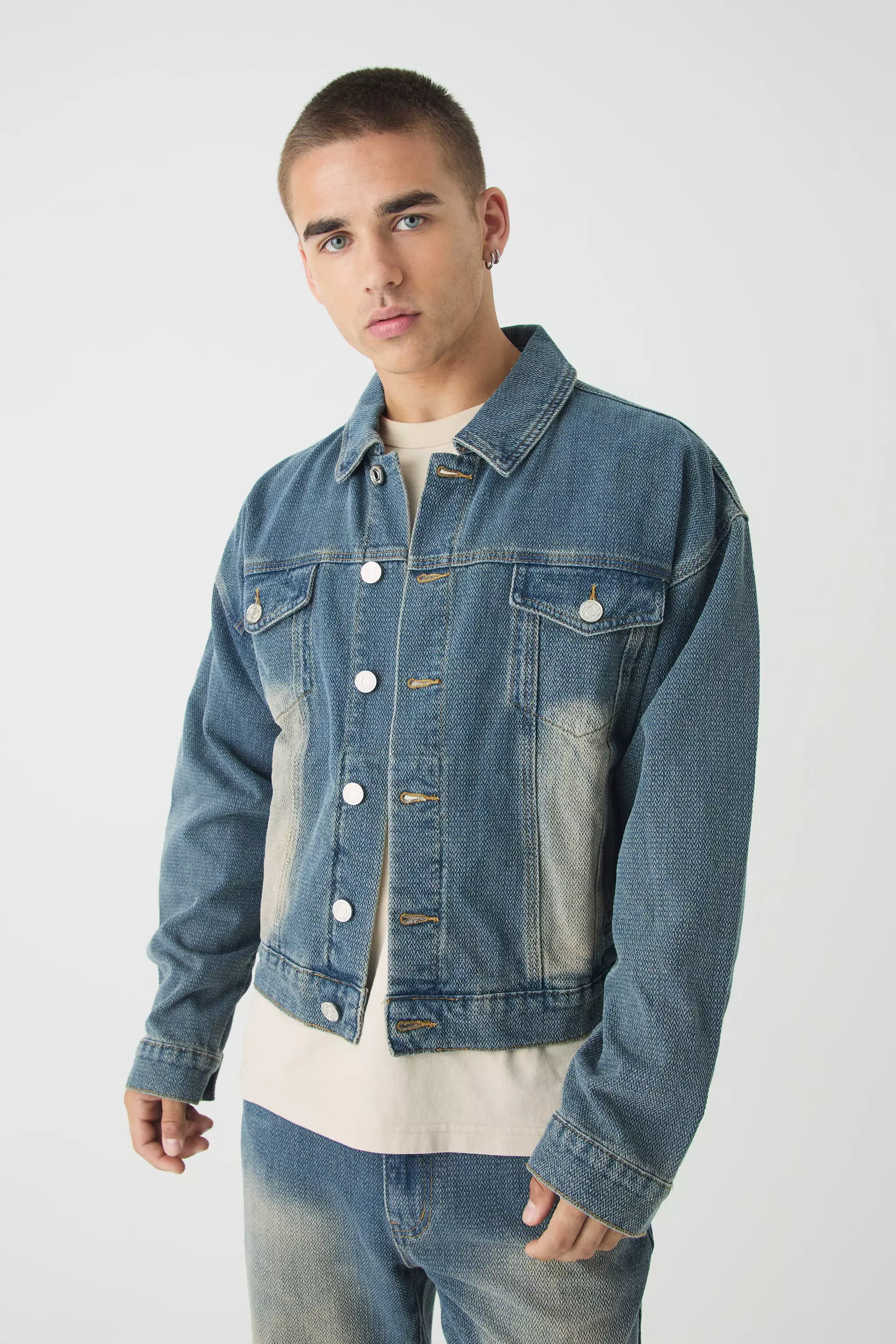 Boxy Herringbone Fabric Interest Jean Jacket Vintage blue