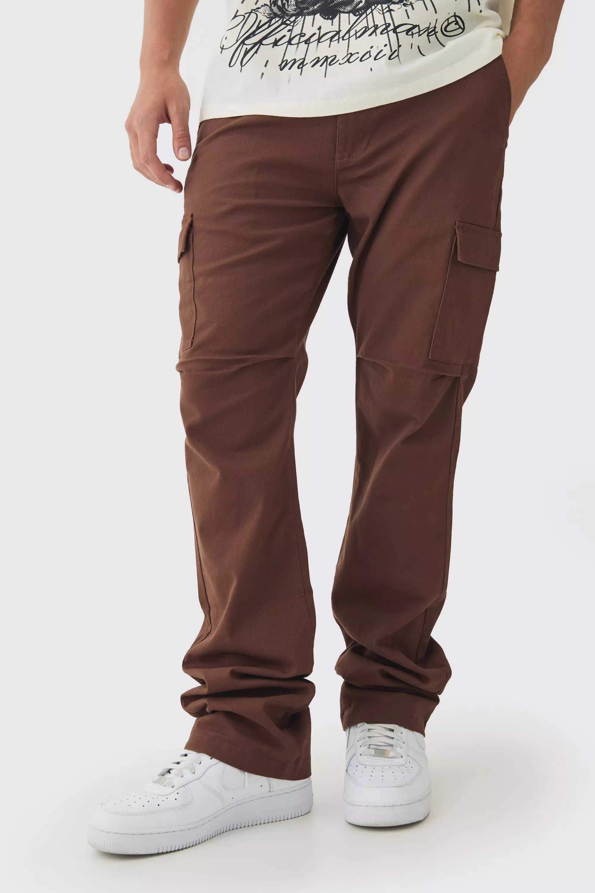 Chocolate Brown Fixed Waist Slim Flare Stacked Twill Cargo Pants