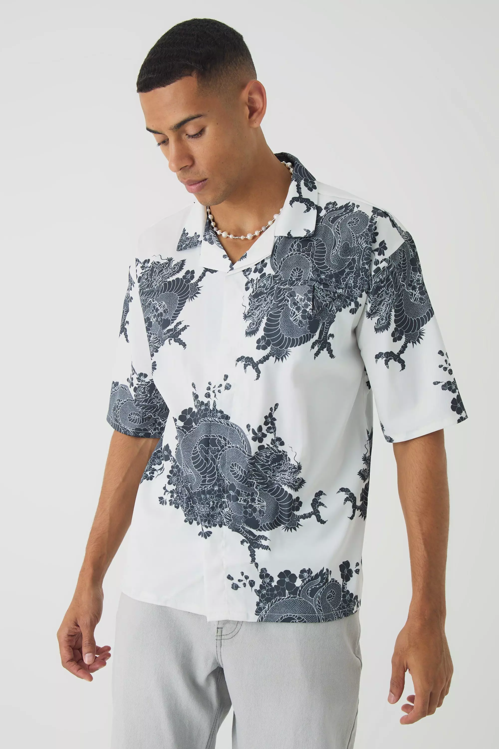 White Oversized Printed Satin Revere Triangle Pocket Shirt