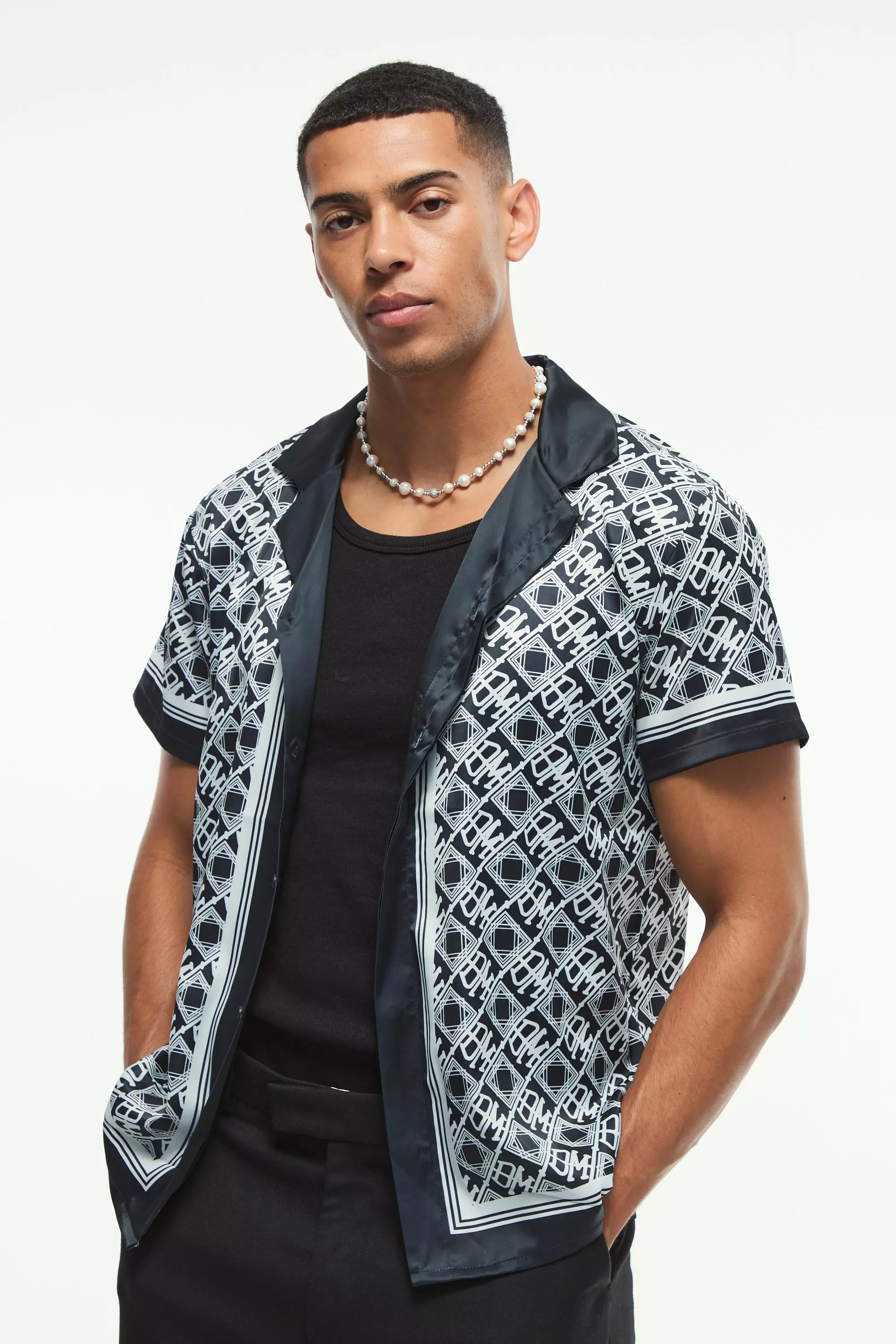 Navy Regular Fit Monogram Satin Shirt alternative image