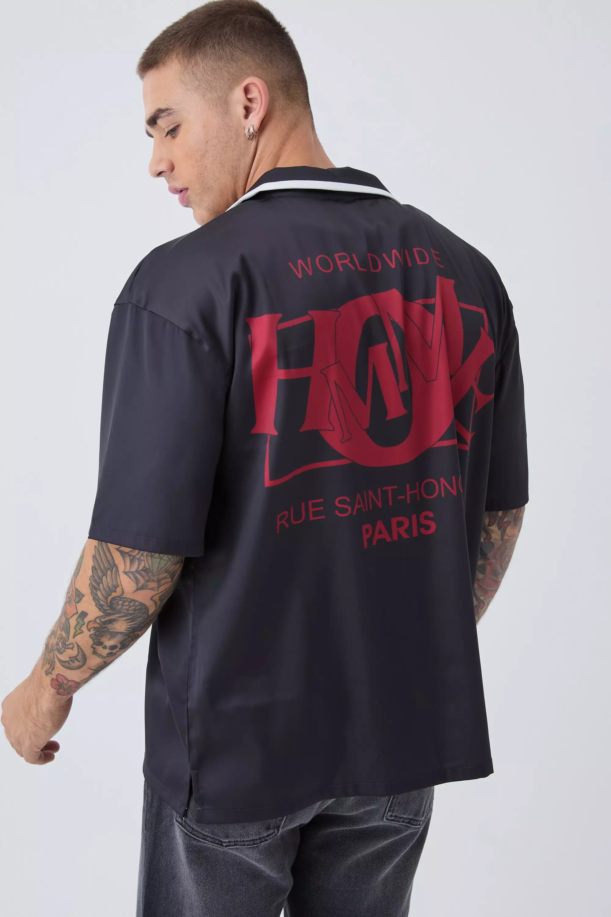 Camicia Oversize In Raso Con Stampa Homme, Black immagine alternativa