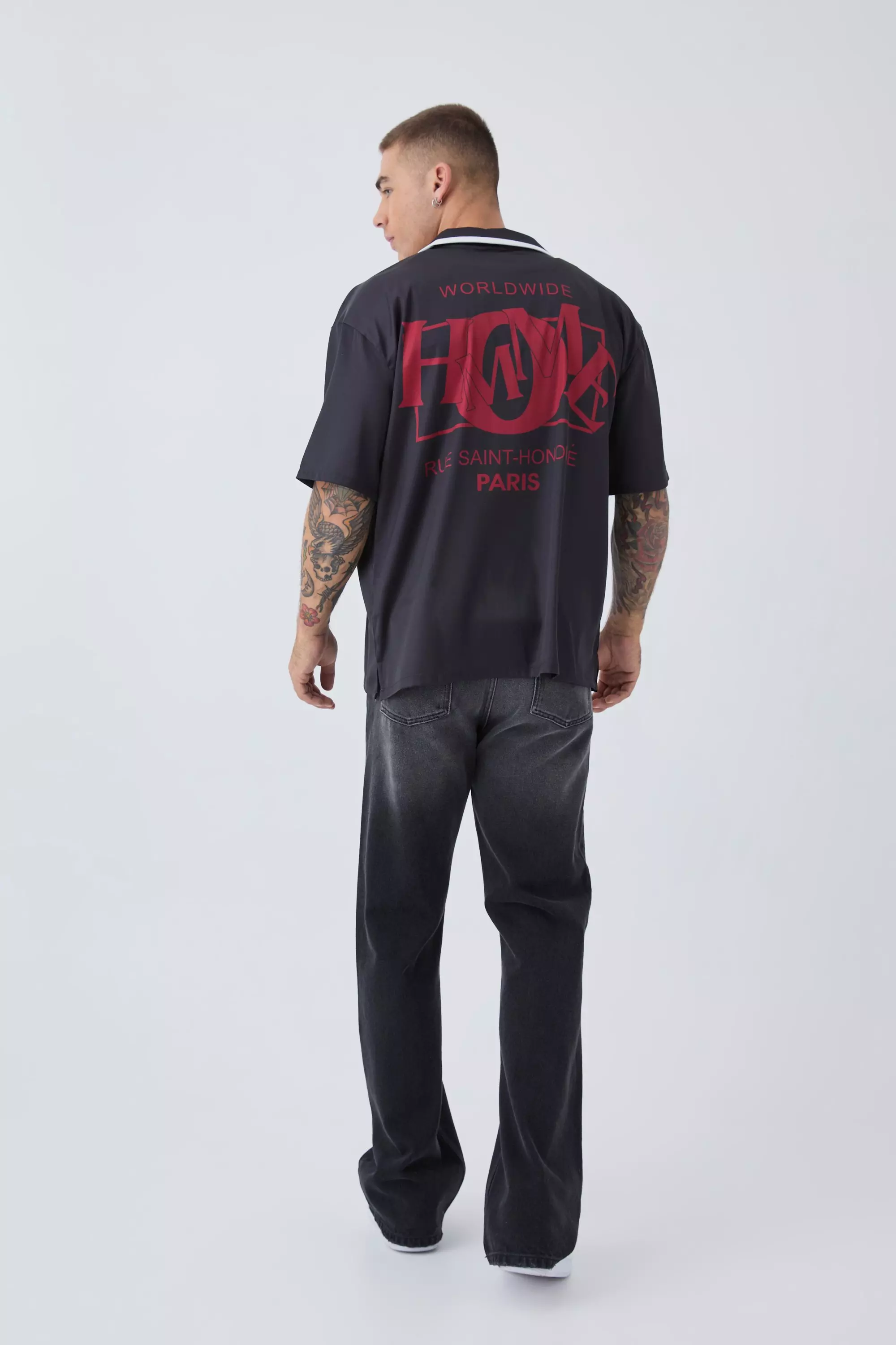 Camicia Oversize In Raso Con Stampa Homme, Black immagine alternativa