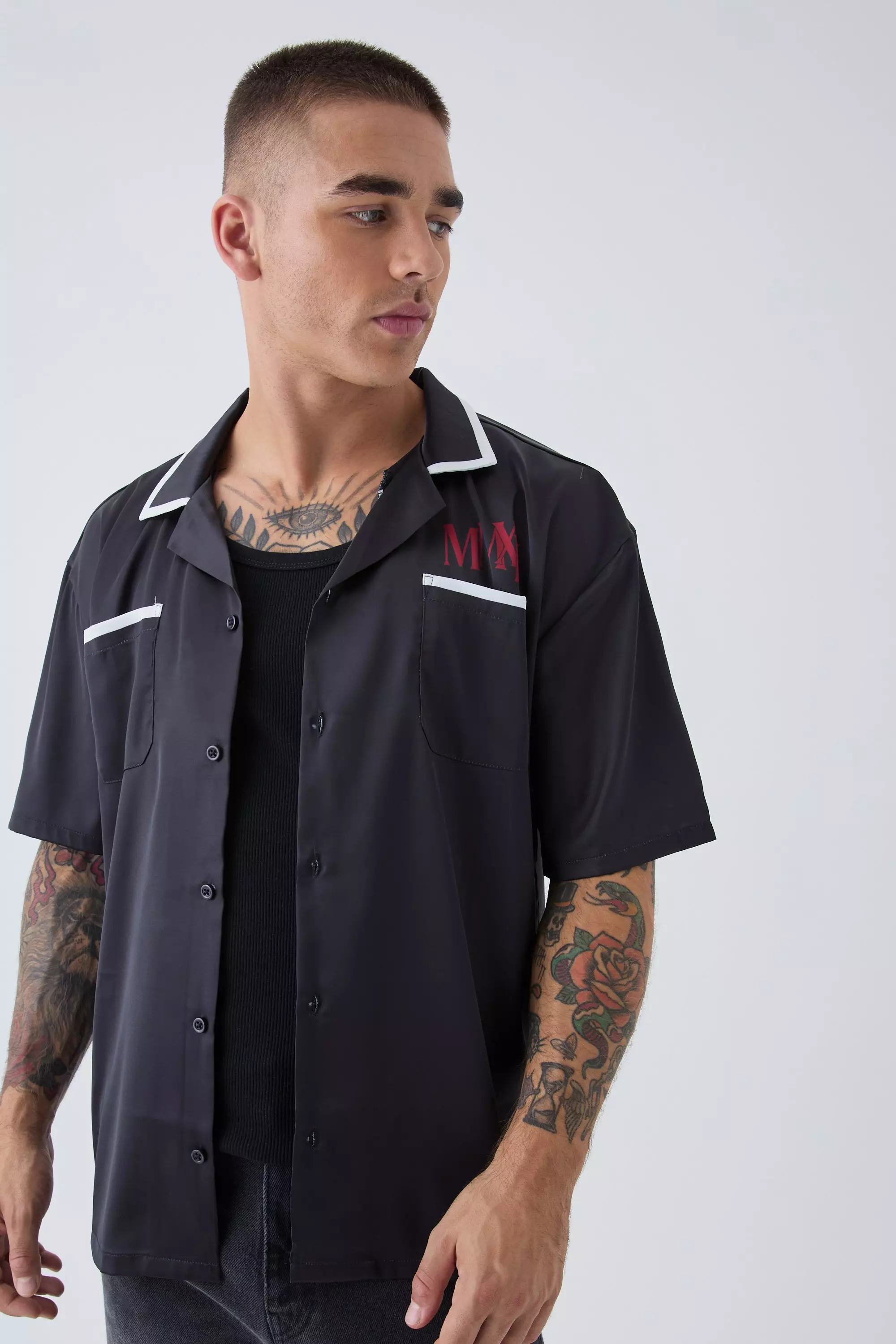 Camicia Oversize In Raso Con Stampa Homme, Black immagine alternativa