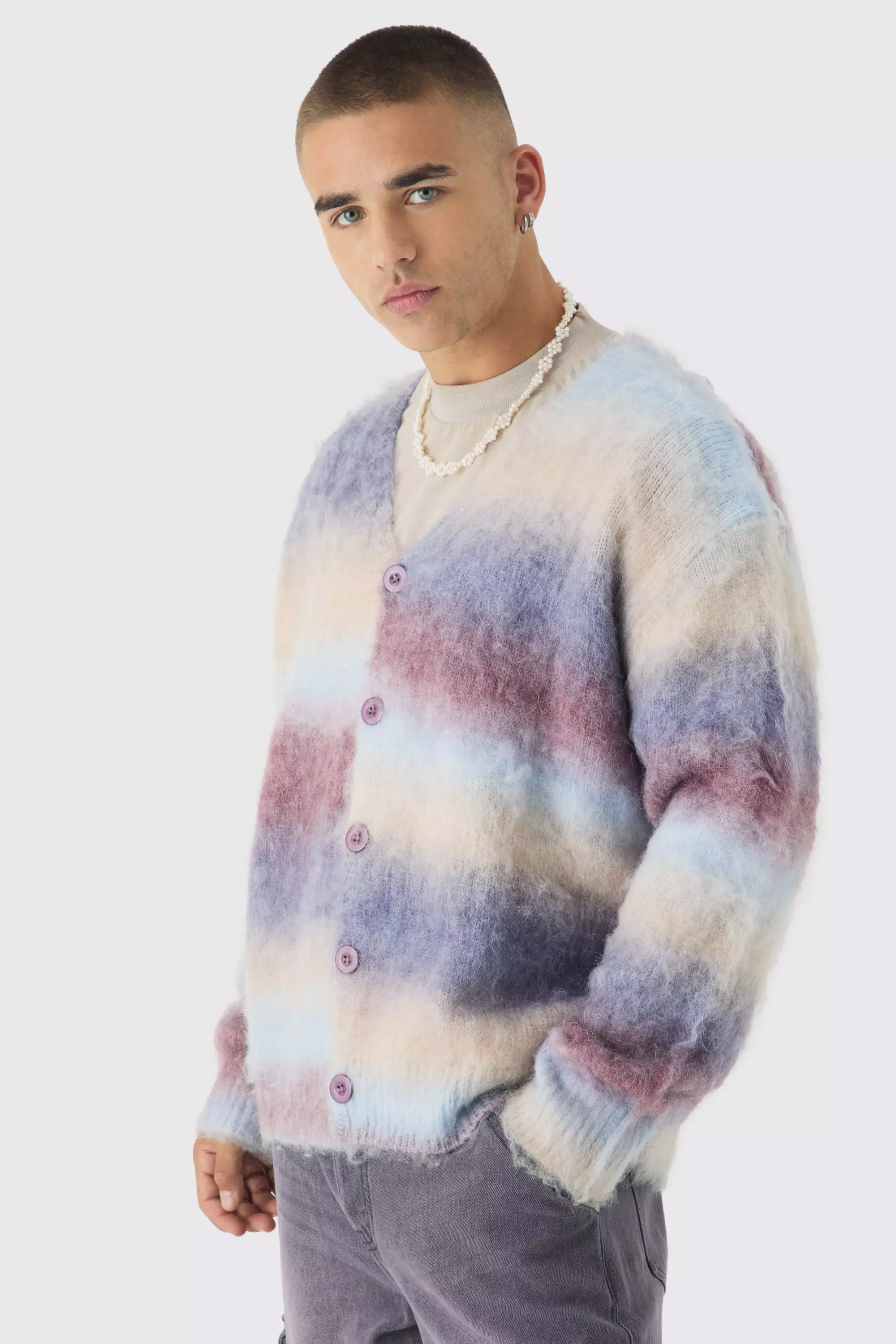 Kastiger gestreifter Oversize Strick-Cardigan, Ecru alternatives Bild