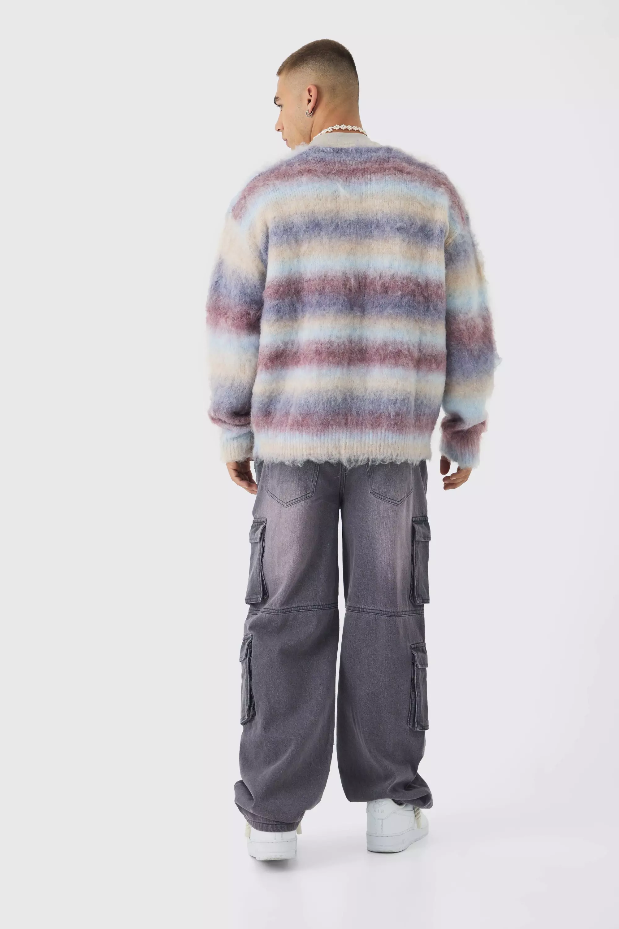 Kastiger gestreifter Oversize Strick-Cardigan, Ecru alternatives Bild