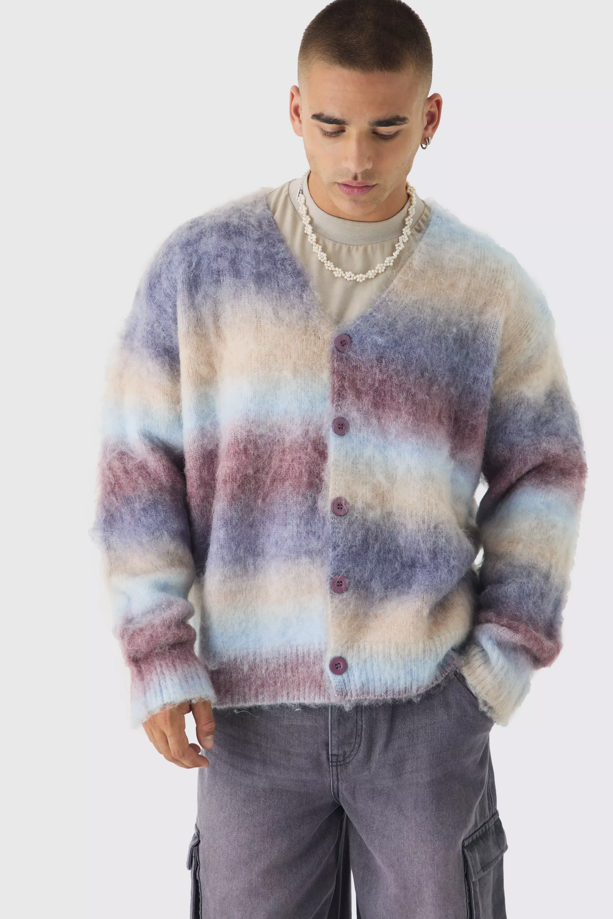 Kastiger gestreifter Oversize Strick-Cardigan, Ecru alternatives Bild