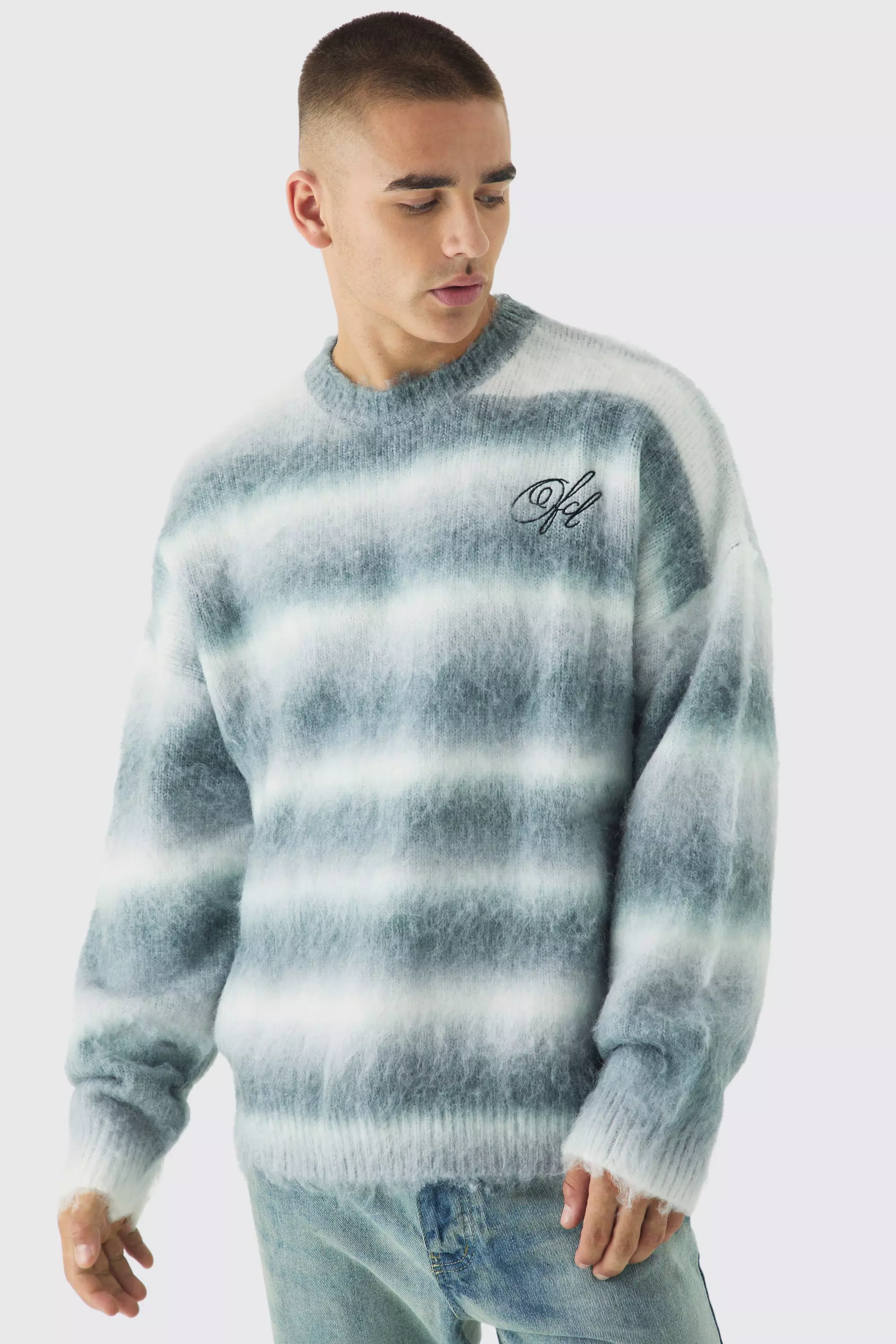 Oversized Boxy OFCL Brushed Ombre Stripe Knitted Embroidered Sweater Light grey