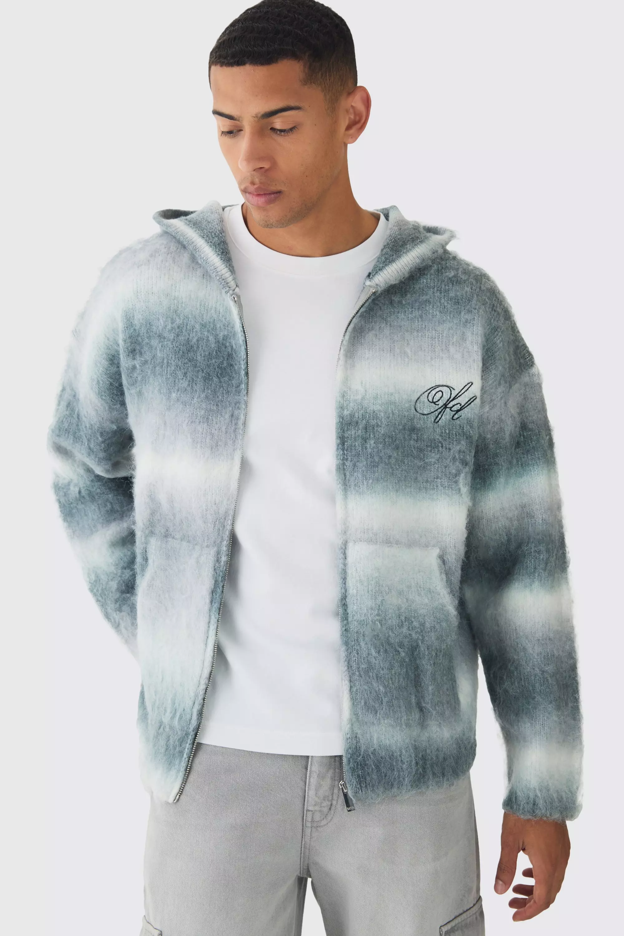 Light-grey Grey Oversized Boxy OFCL Brushed Ombre Stripe Knitted Zip Through Embroidered Hoodie