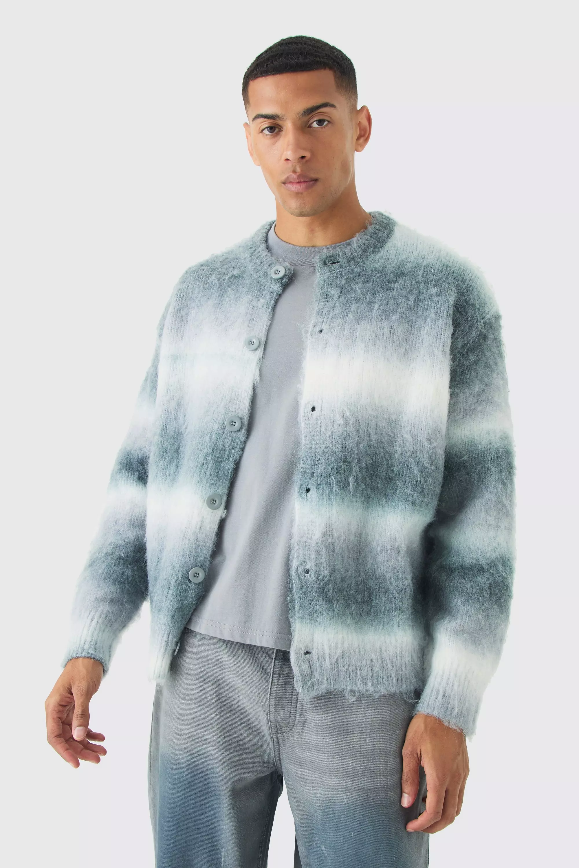 Relaxed Brushed Ombre Stripe Knitted Bomber Light grey