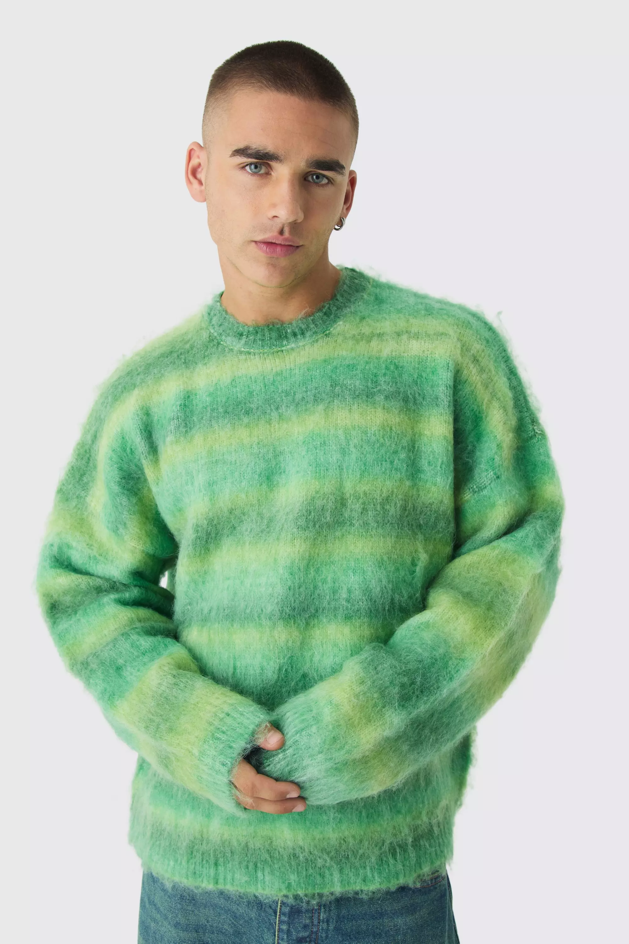 Oversized Boxy Brushed Ombre Stripe Knitted Sweater Green