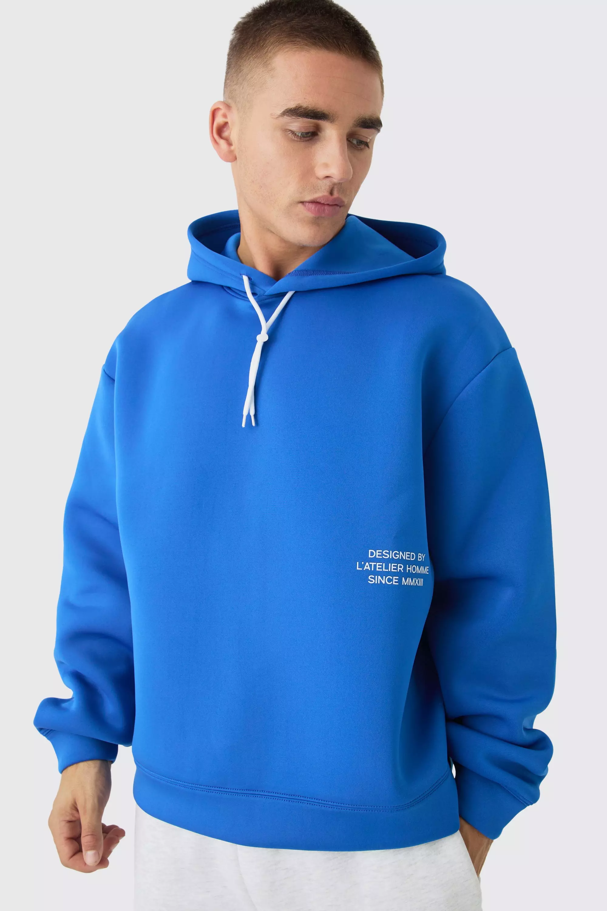 Oversized Boxy Bonded Contrast Tie Scuba Hoodie Cobalt