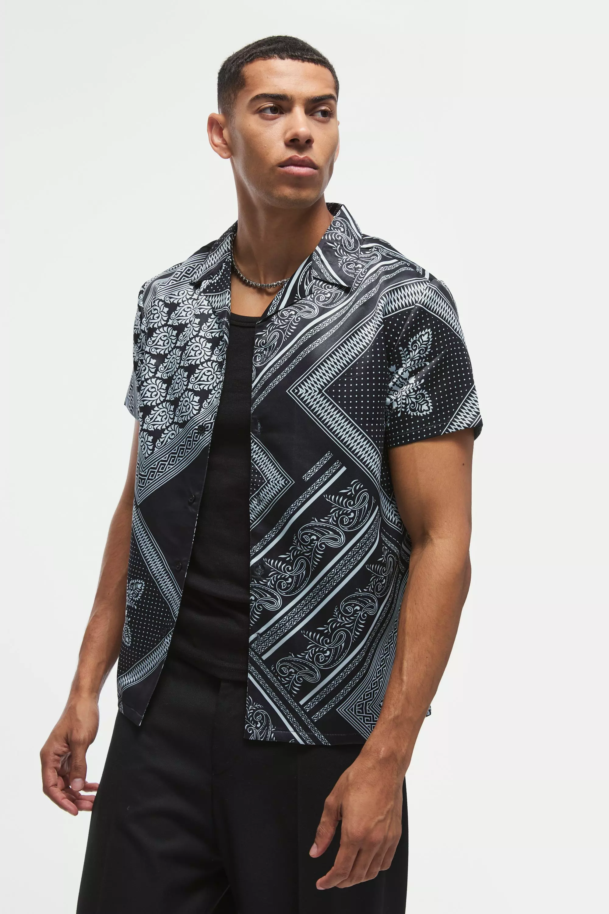 Black Regular Fit Baroque Print Satin Shirt alternative image