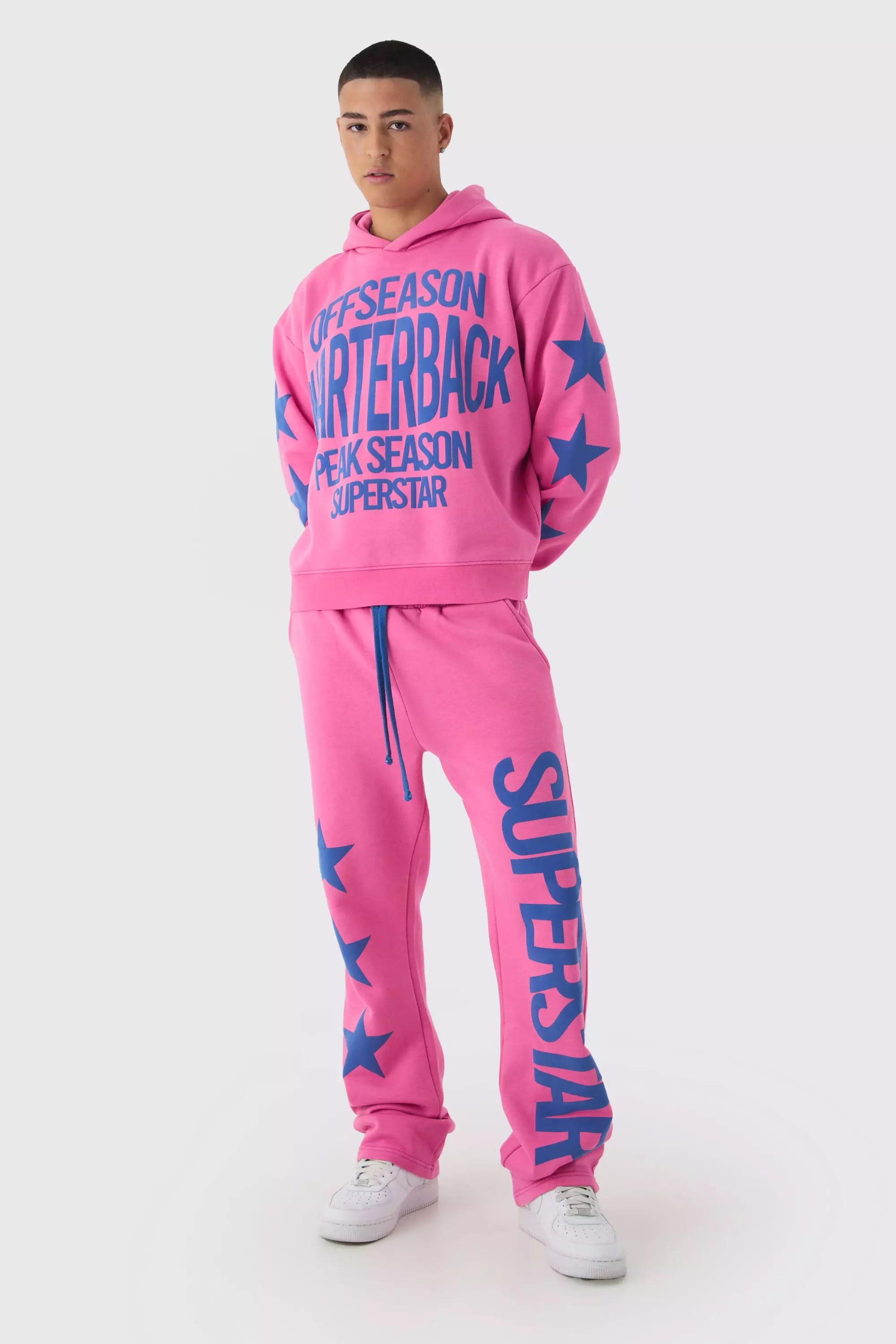 Pink Oversized Boxy Off Season Puff Printed Hooded Tracksuit