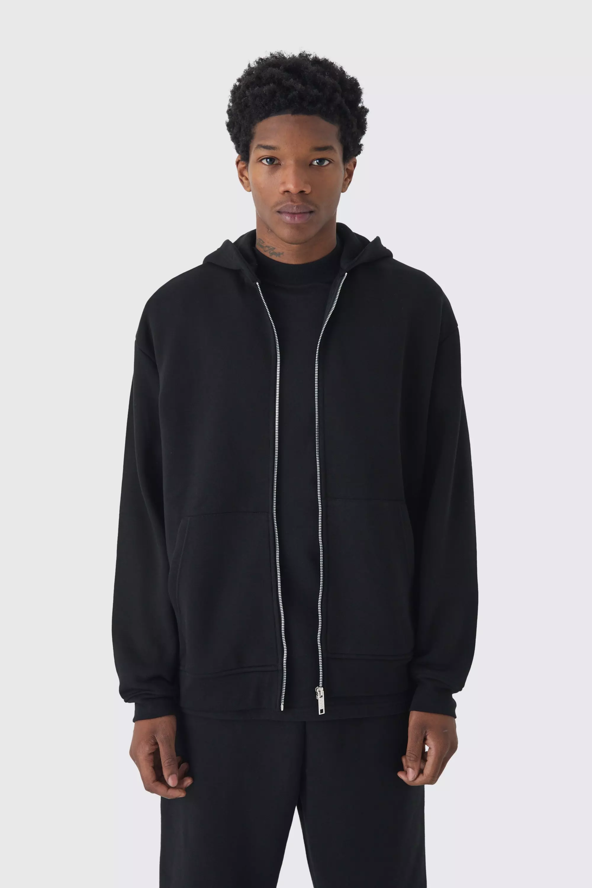 Black 330GSM Oversized Basic Zip Through Hoodie