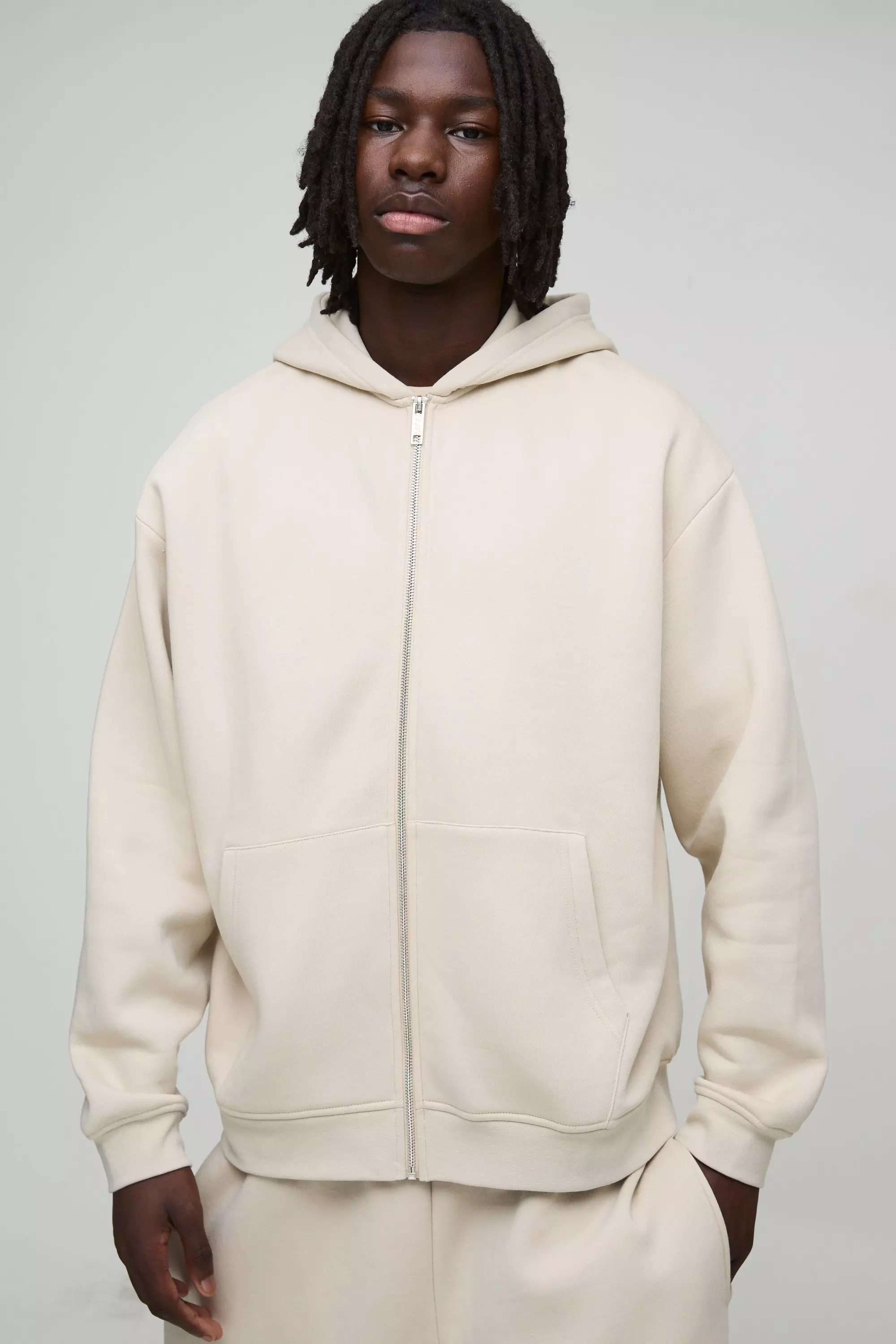 330GSM Oversized Basic Zip Through Hoodie Stone