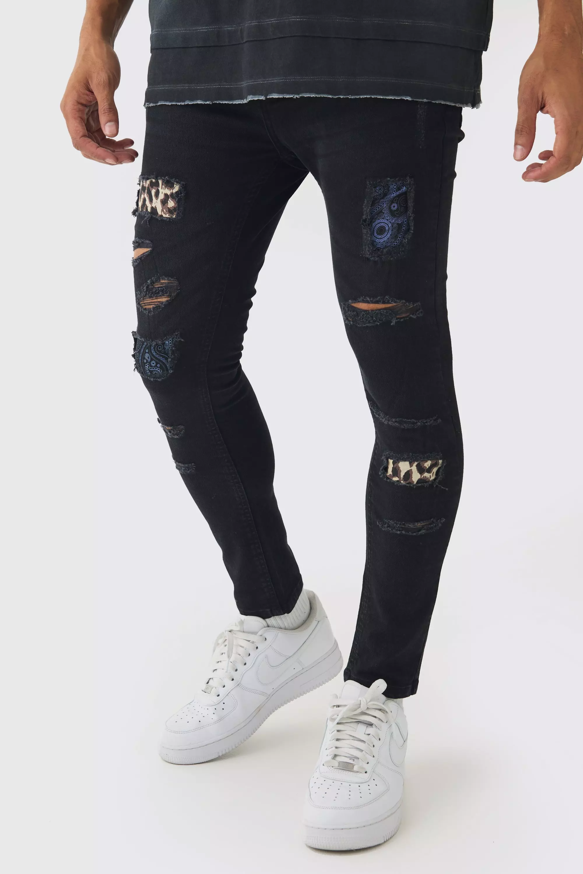 Black Skinny Fit Rip & Repair Paisley Leopard Jeans