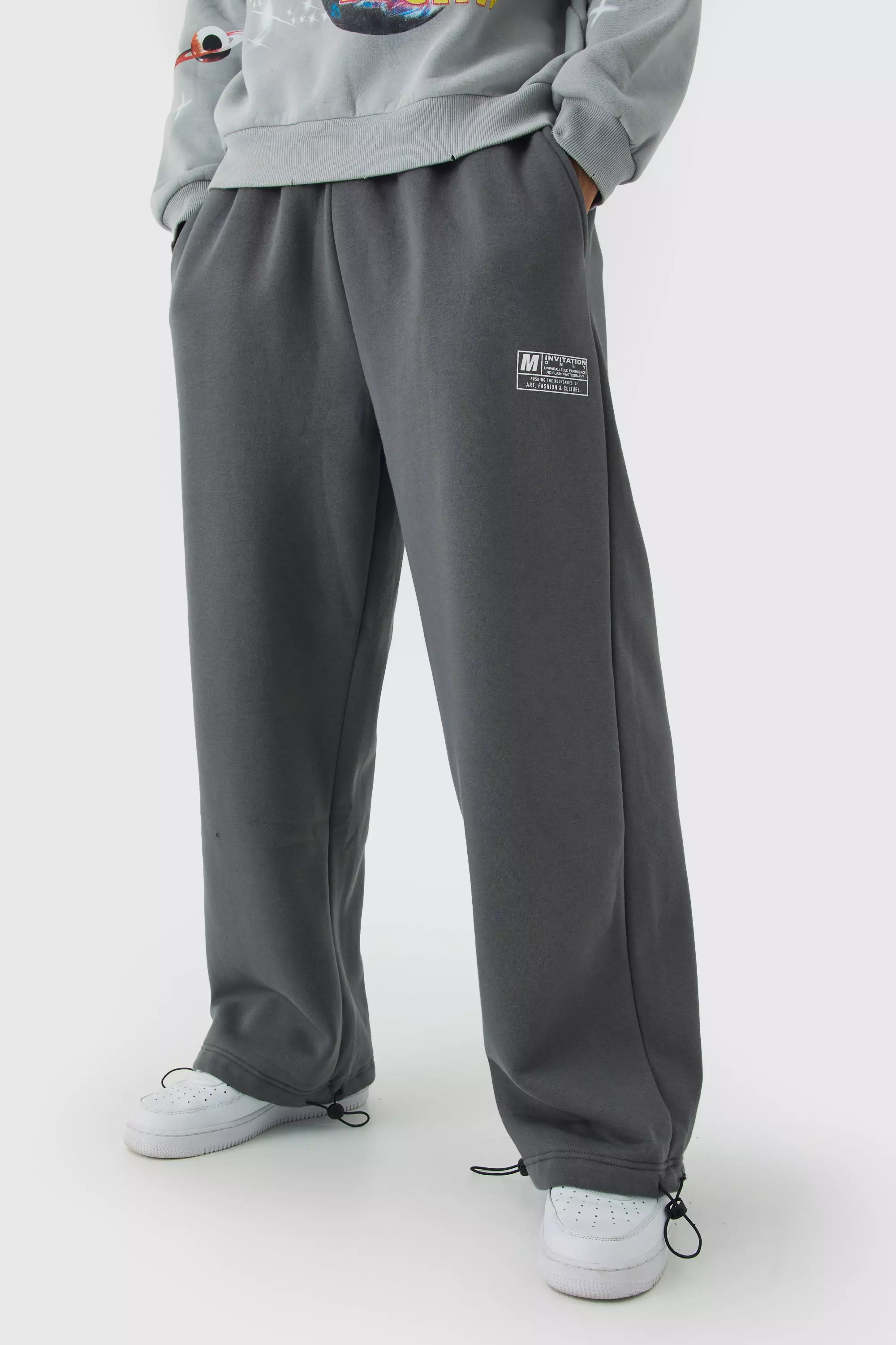 Wide Leg Tie Cuff Double Waistband Sweatpants Charcoal