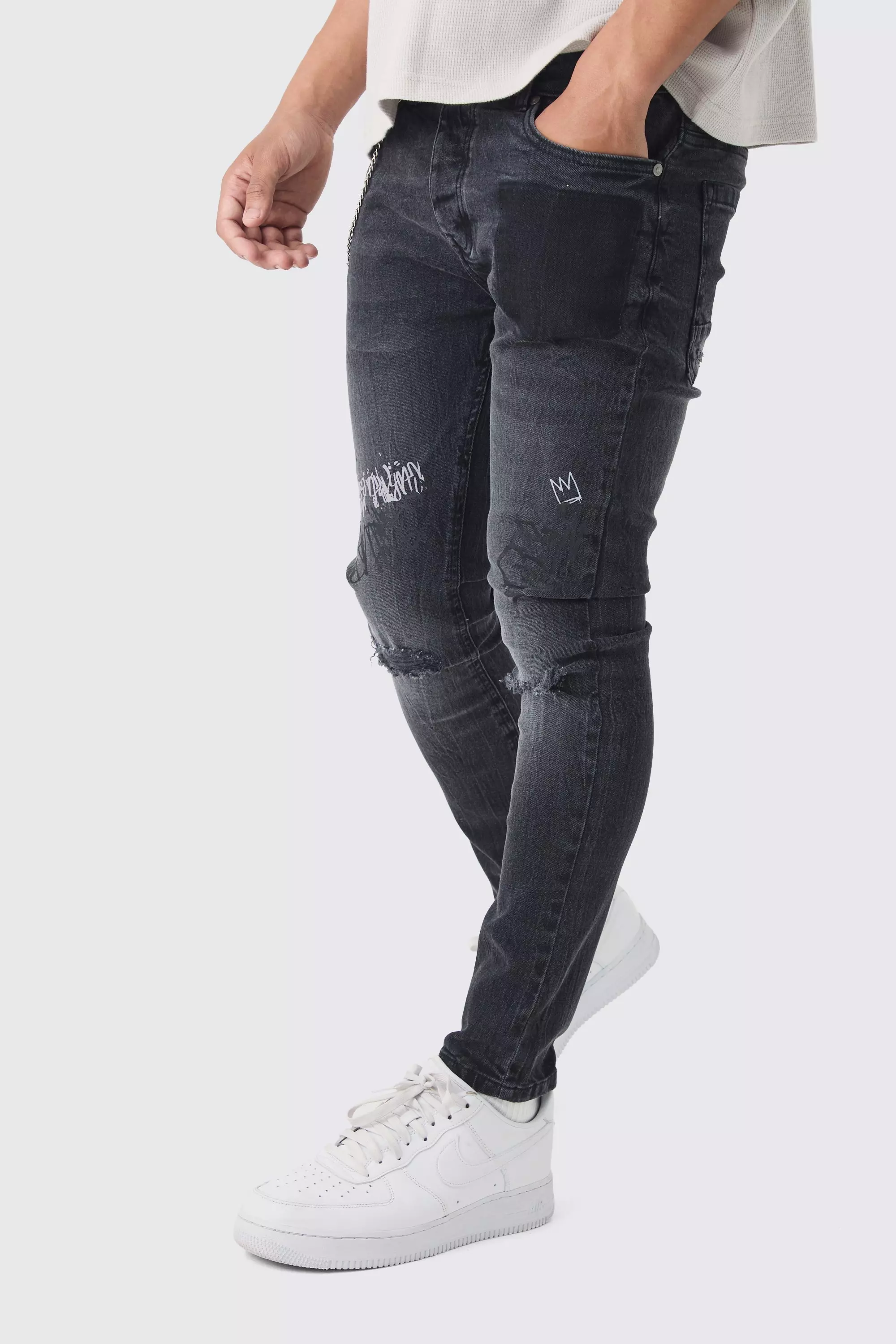 Skinny Fit Graffiti Ripped Jeans With Chain Washed black