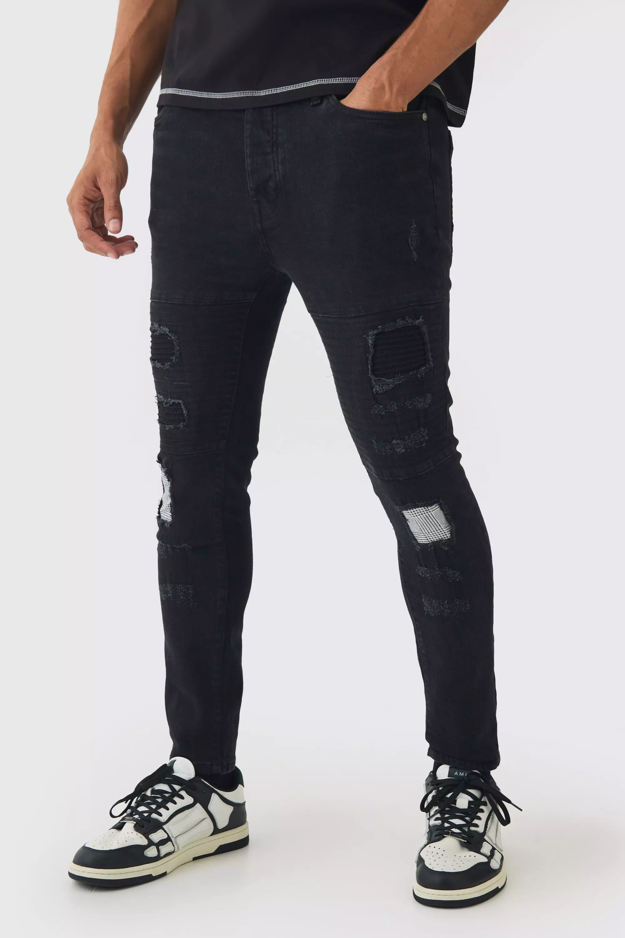 Black Skinny Fit biker Ripped Patchwork Jeans