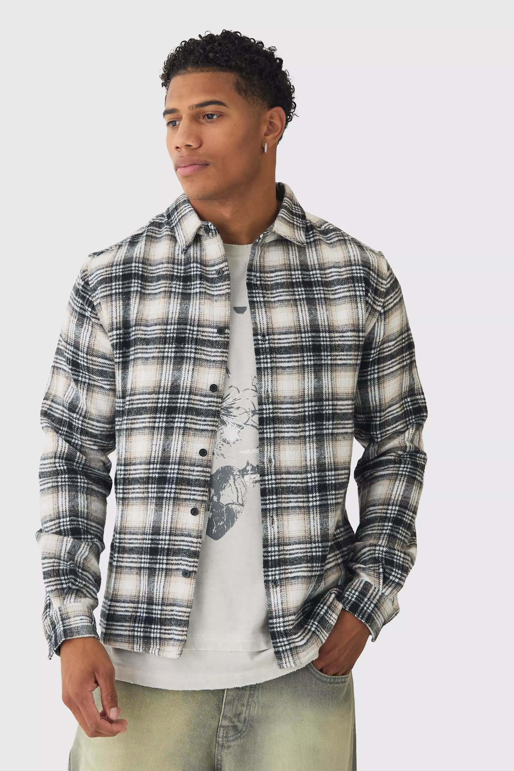 Regular Fit Homme Print Flannel Shirt Stone